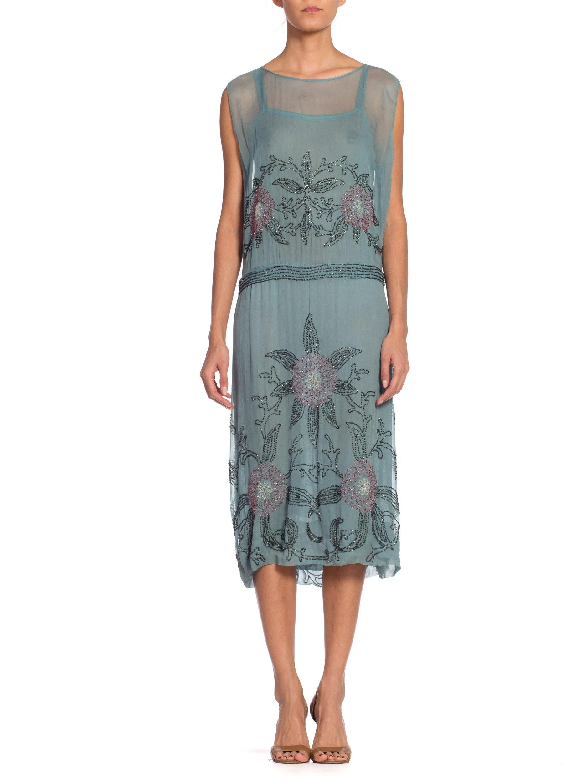 1920S  Mint Blue Silk Chiffon Beaded Flapper Cocktail Dress With Pink & Grey Fl 2