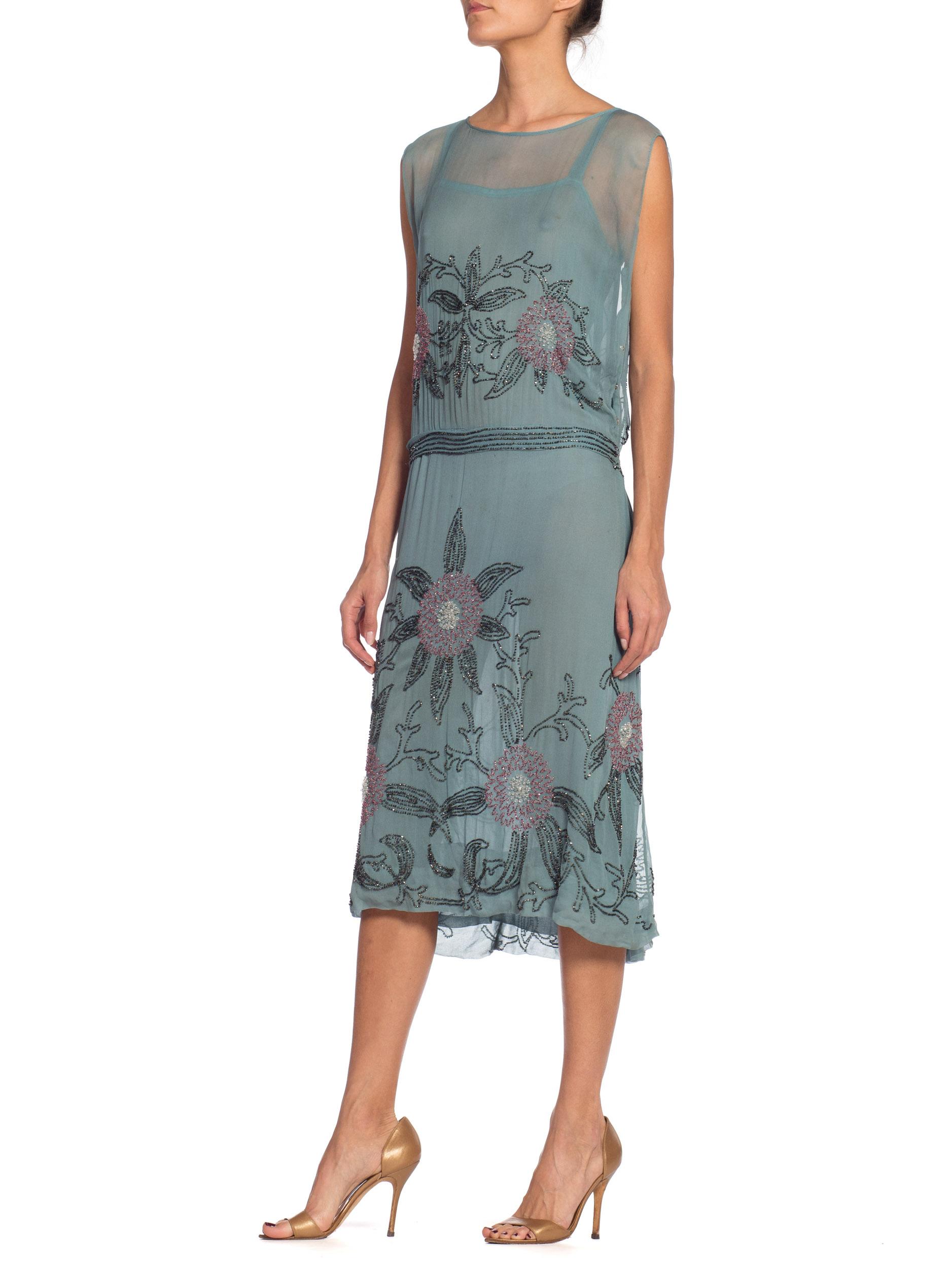 1920S  Mint Blue Silk Chiffon Beaded Flapper Cocktail Dress With Pink & Grey Fl 3