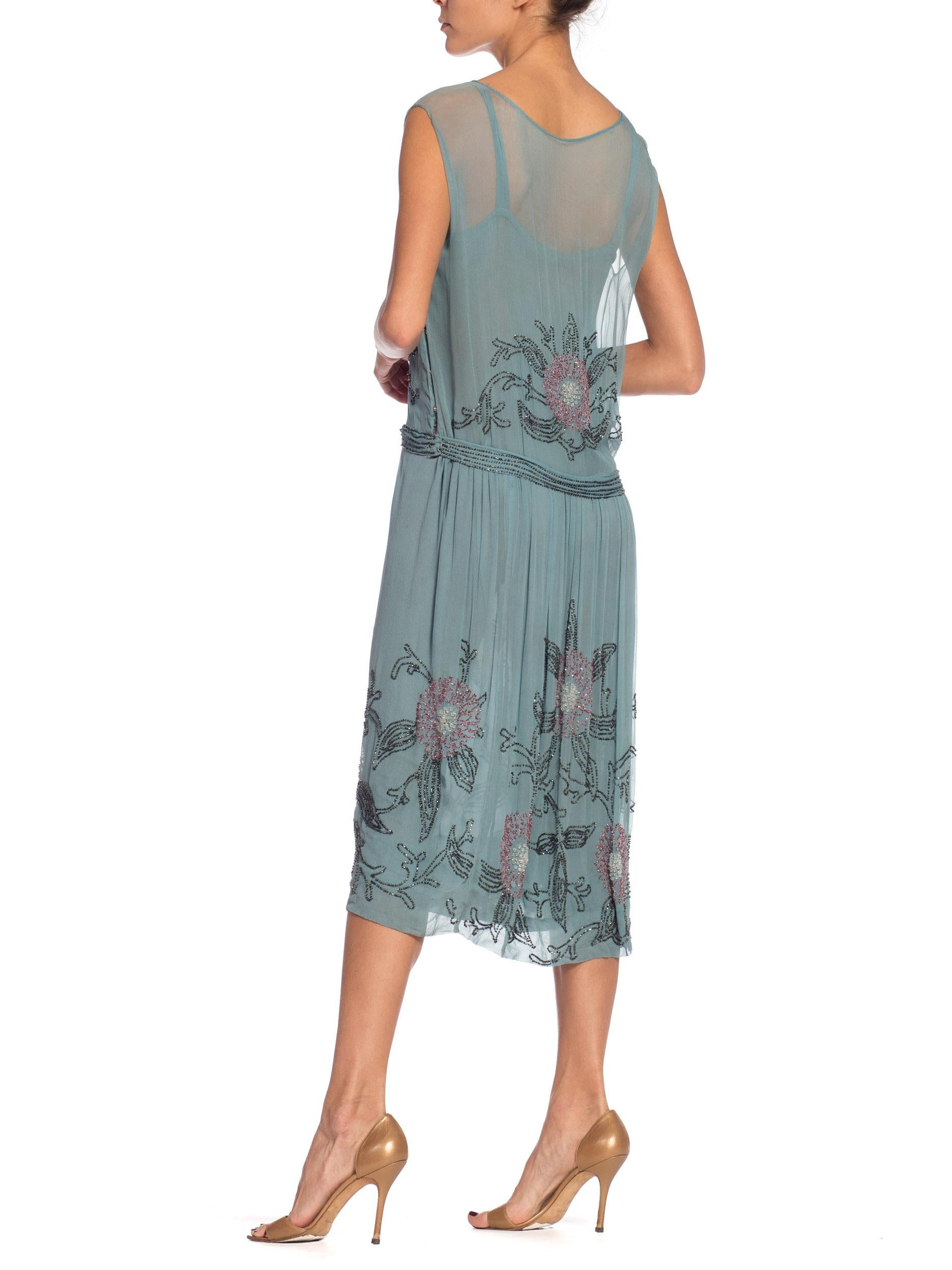 1920S  Mint Blue Silk Chiffon Beaded Flapper Cocktail Dress With Pink & Grey Fl For Sale 4