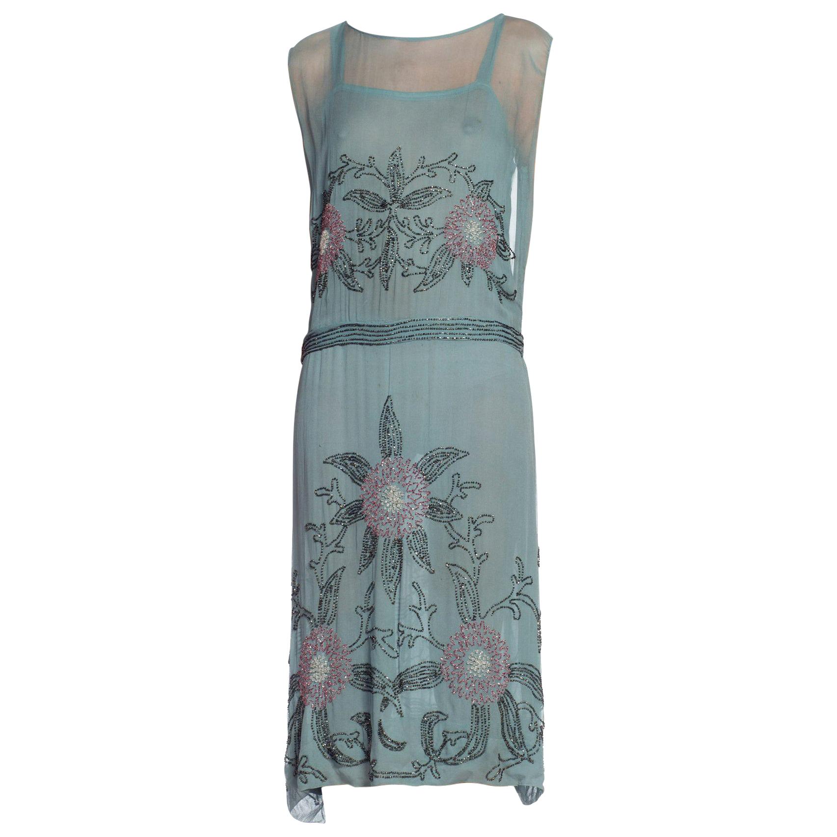 1920S  Mint Blue Silk Chiffon Beaded Flapper Cocktail Dress With Pink & Grey Fl For Sale