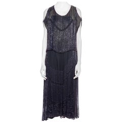 Used 1920S Sapphire Blue  Beaded Silk Chiffon Cocktail Dress