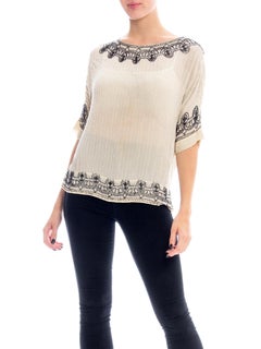 1920S  Black & White Silk Crepe De Chine Beaded T-Shirt Top