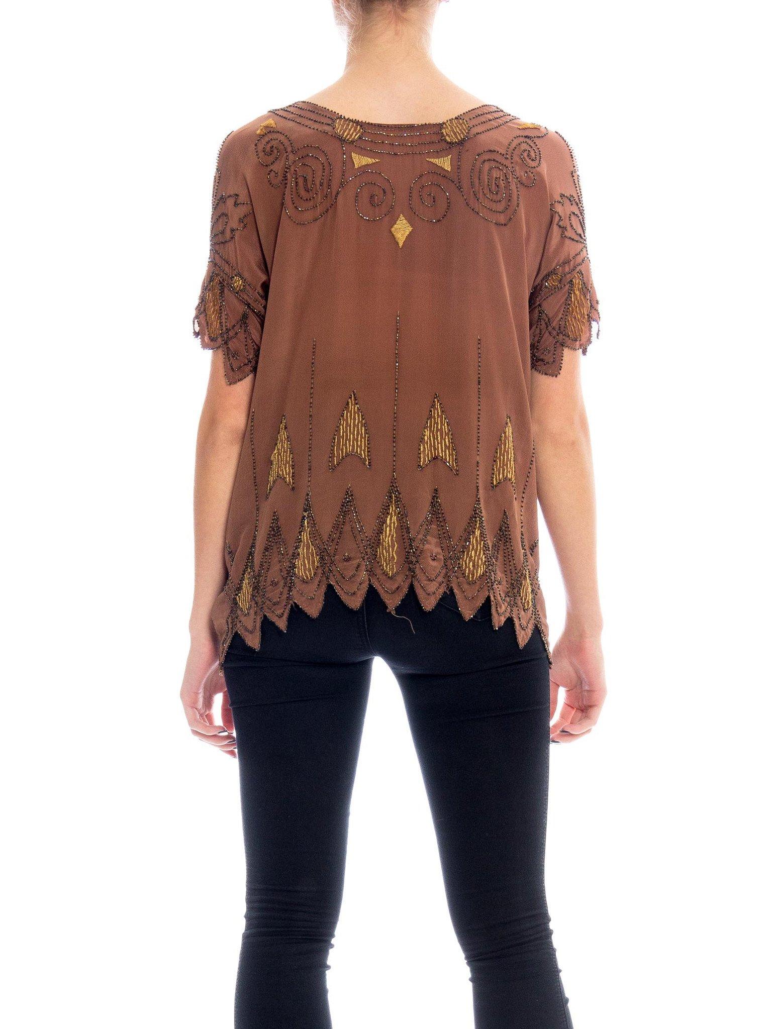 Brown 1920S Silk Crepe De Chine Deco Beaded & Embroidered Top For Sale