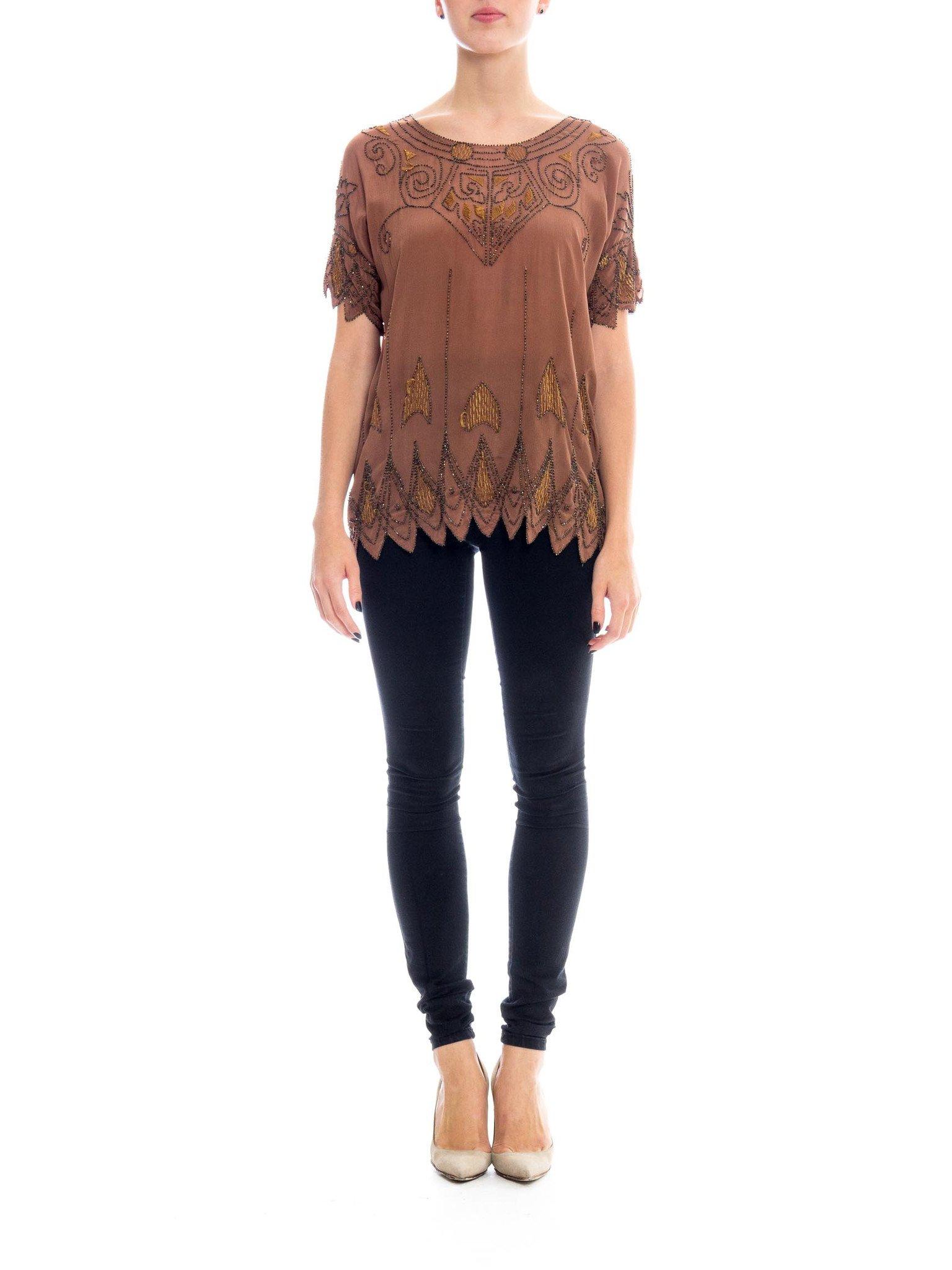 1920S Silk Crepe De Chine Deco Beaded & Embroidered Top For Sale 1