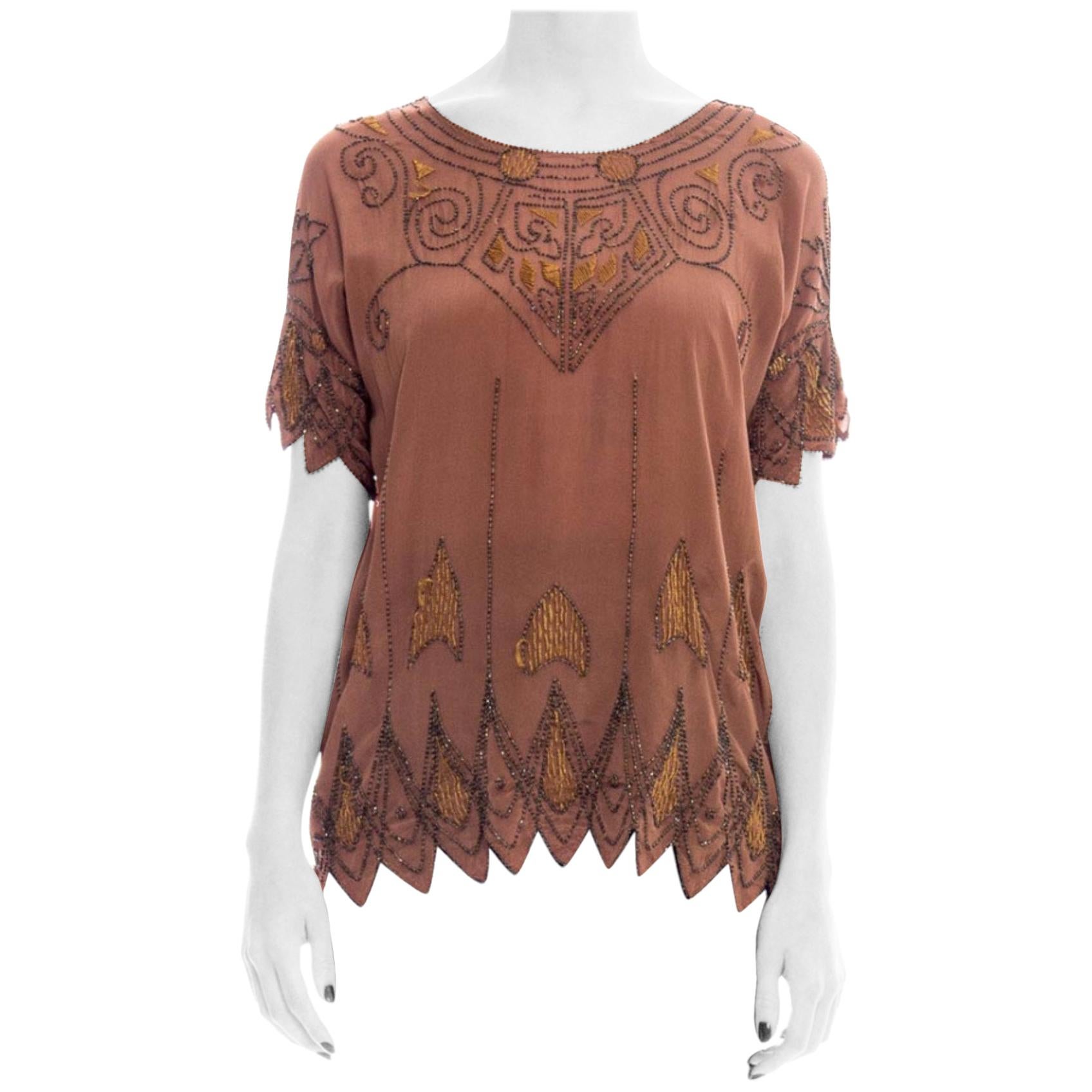 1920S Silk Crepe De Chine Deco Beaded & Embroidered Top For Sale