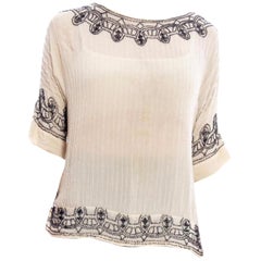 1920S  Black & White Silk Crepe De Chine Beaded T-Shirt Top