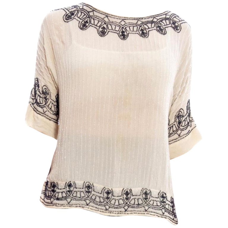 1920S Black and White Silk Crepe De Chine Beaded T-Shirt Top at 1stDibs