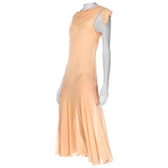 1920S Blush Pink Silk Crinkle Chiffon Drop Waist Sheer Day Dress With Bias Gode