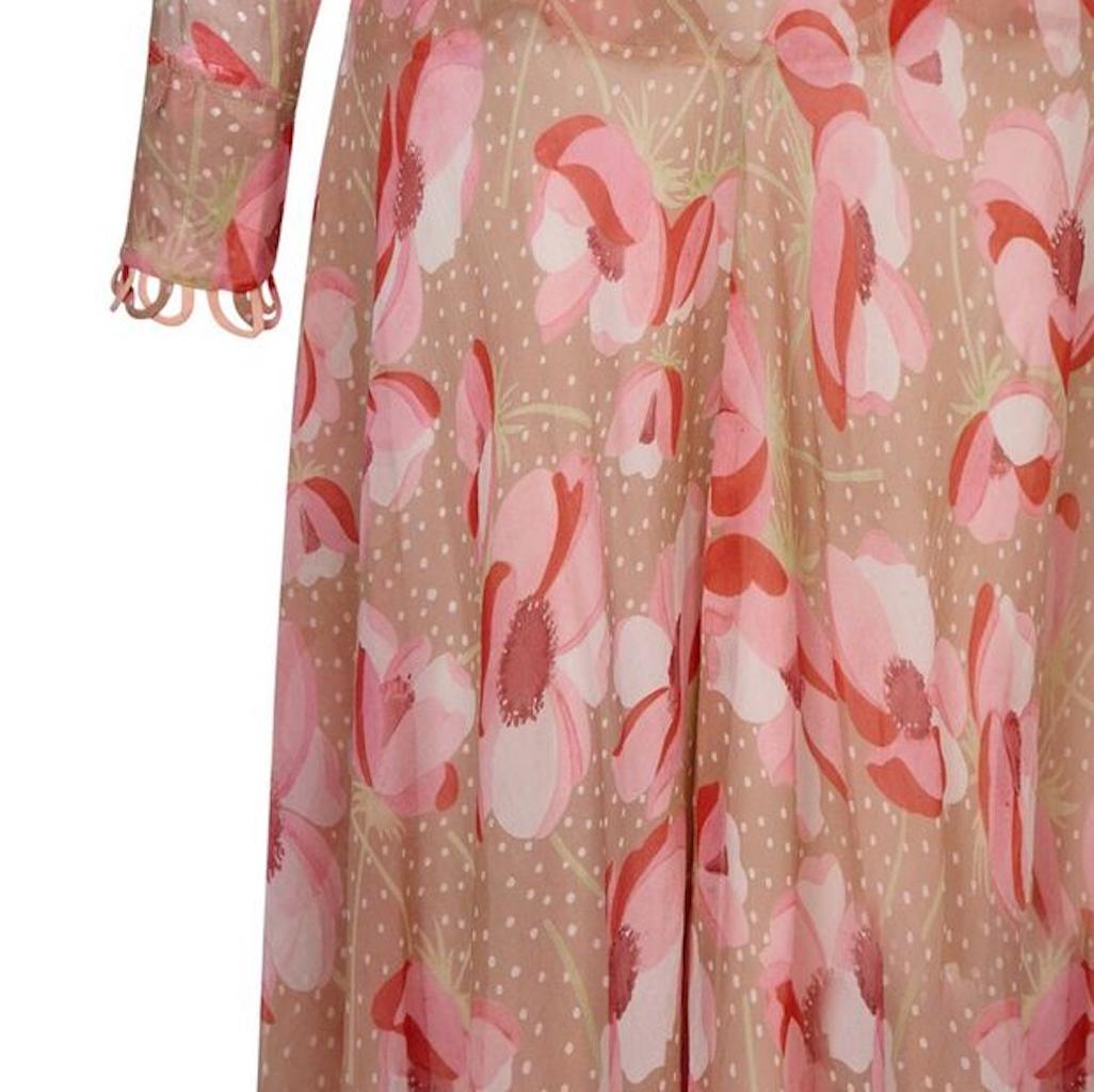Brown 1920s Silk Chiffon Dress With Pink Floral Print