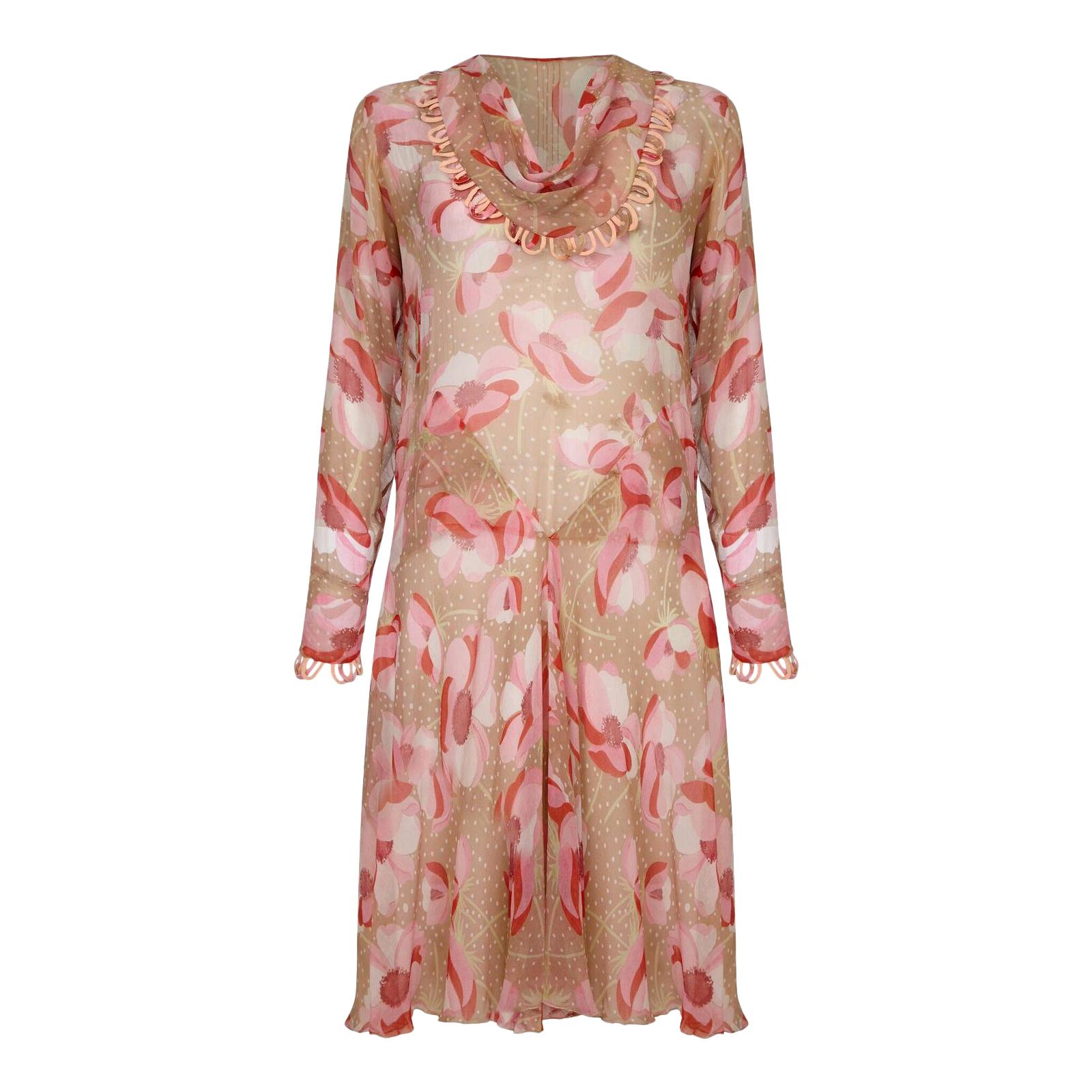 1920s Silk Chiffon Dress With Pink Floral Print