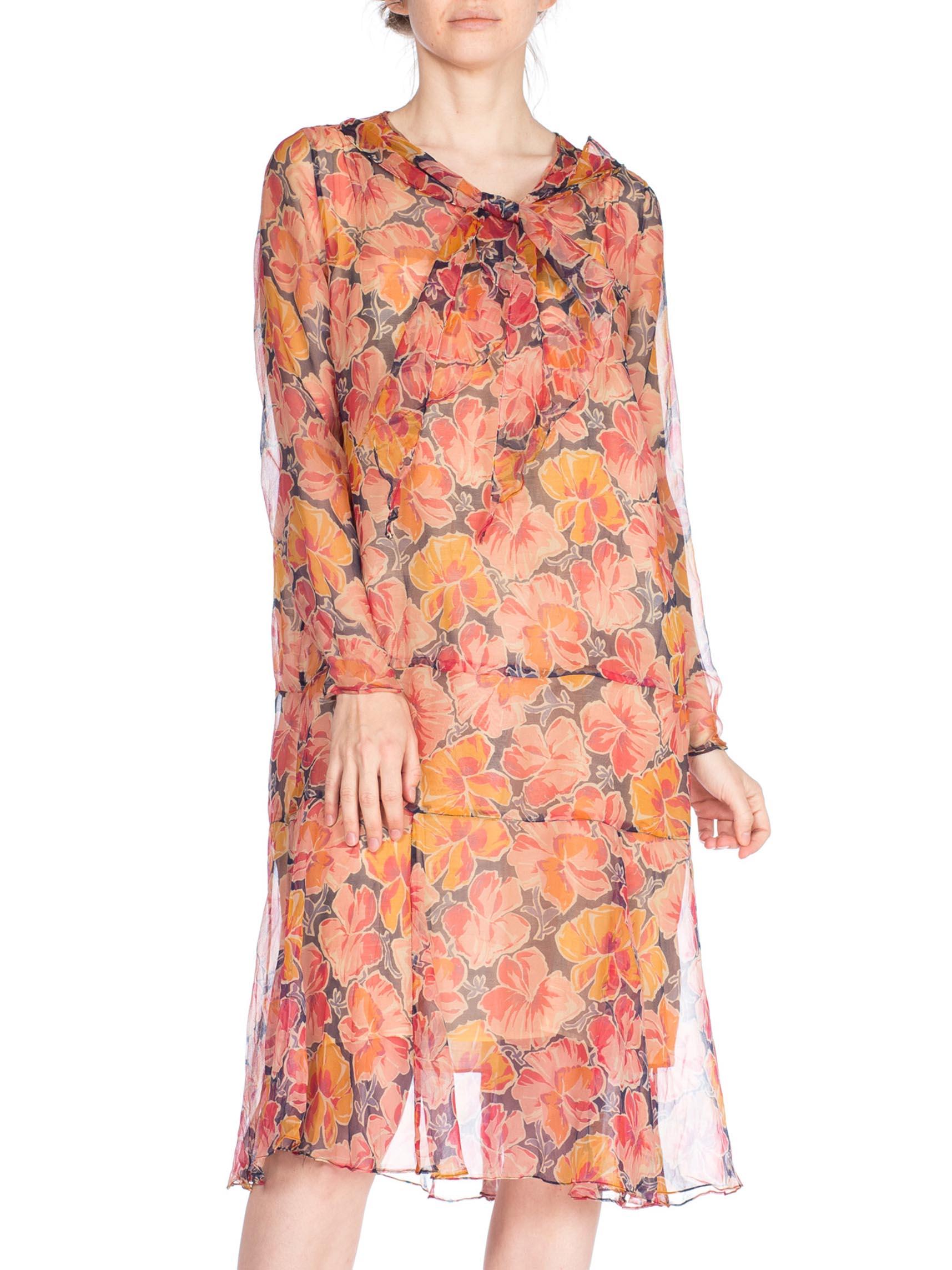 Orange 1920S Silk Chiffon Long Sleeve Tropical Floral Drop Waist Dress For Sale