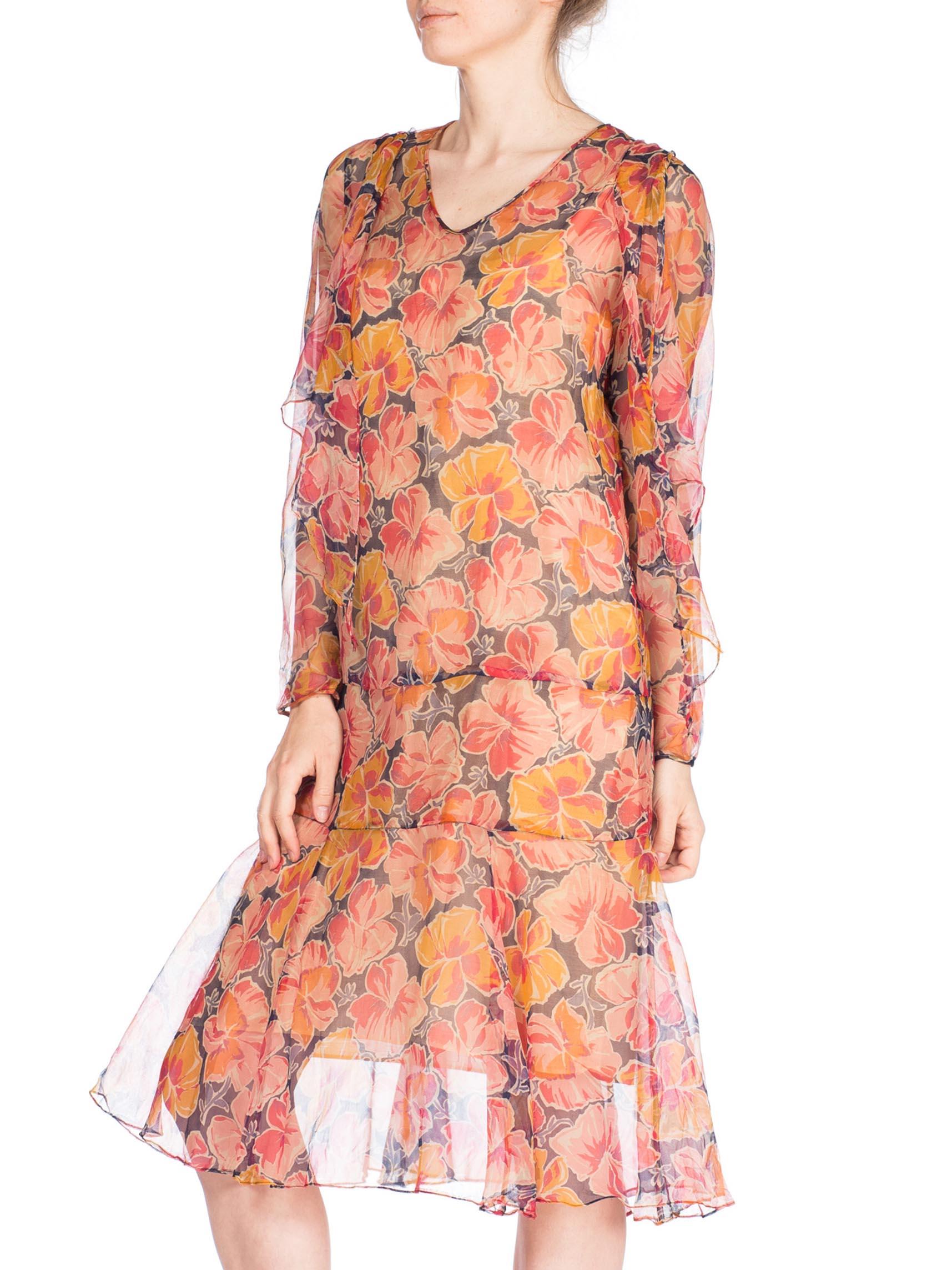 1920S Silk Chiffon Long Sleeve Tropical Floral Drop Waist Dress In Excellent Condition For Sale In New York, NY