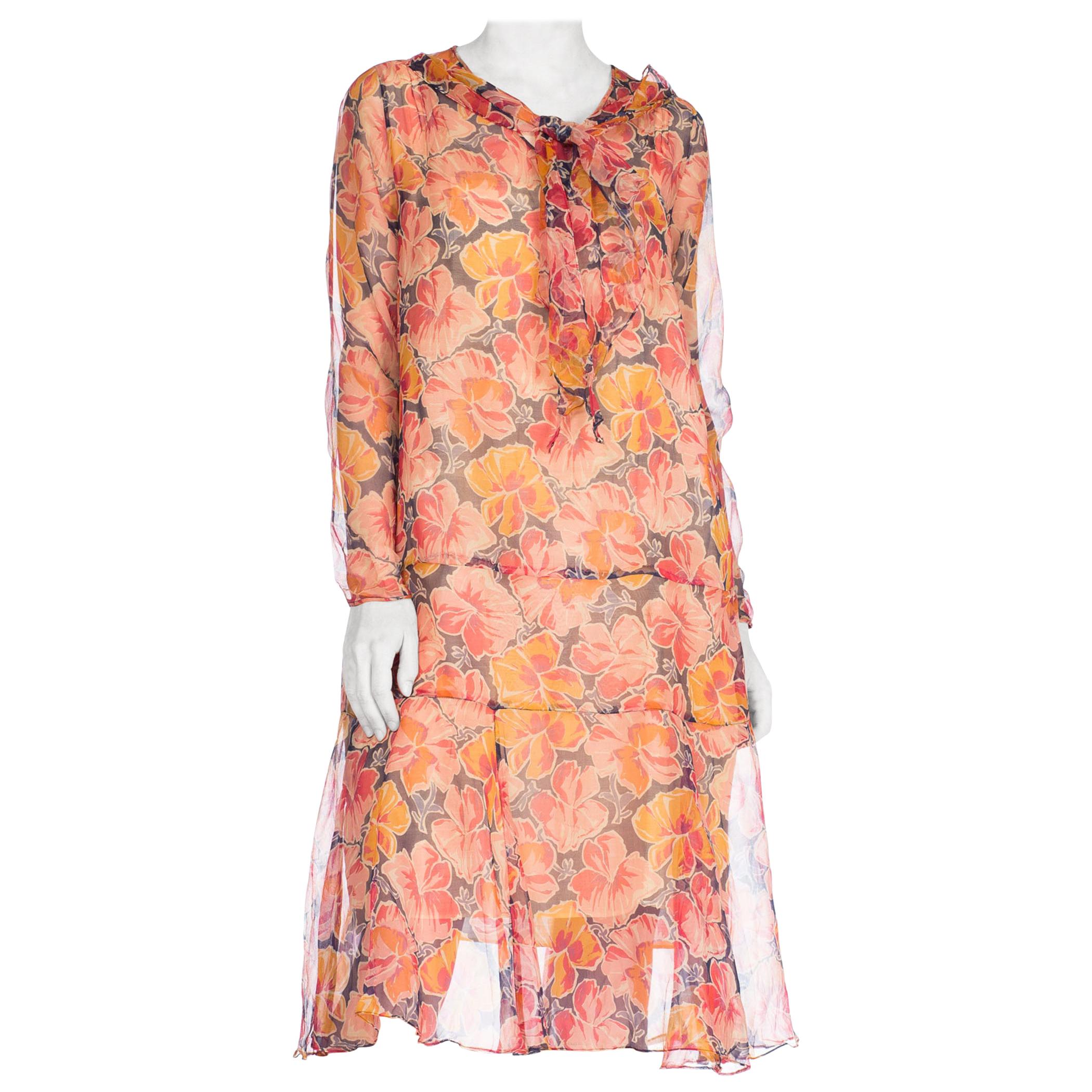 1920S Silk Chiffon Long Sleeve Tropical Floral Drop Waist Dress For Sale