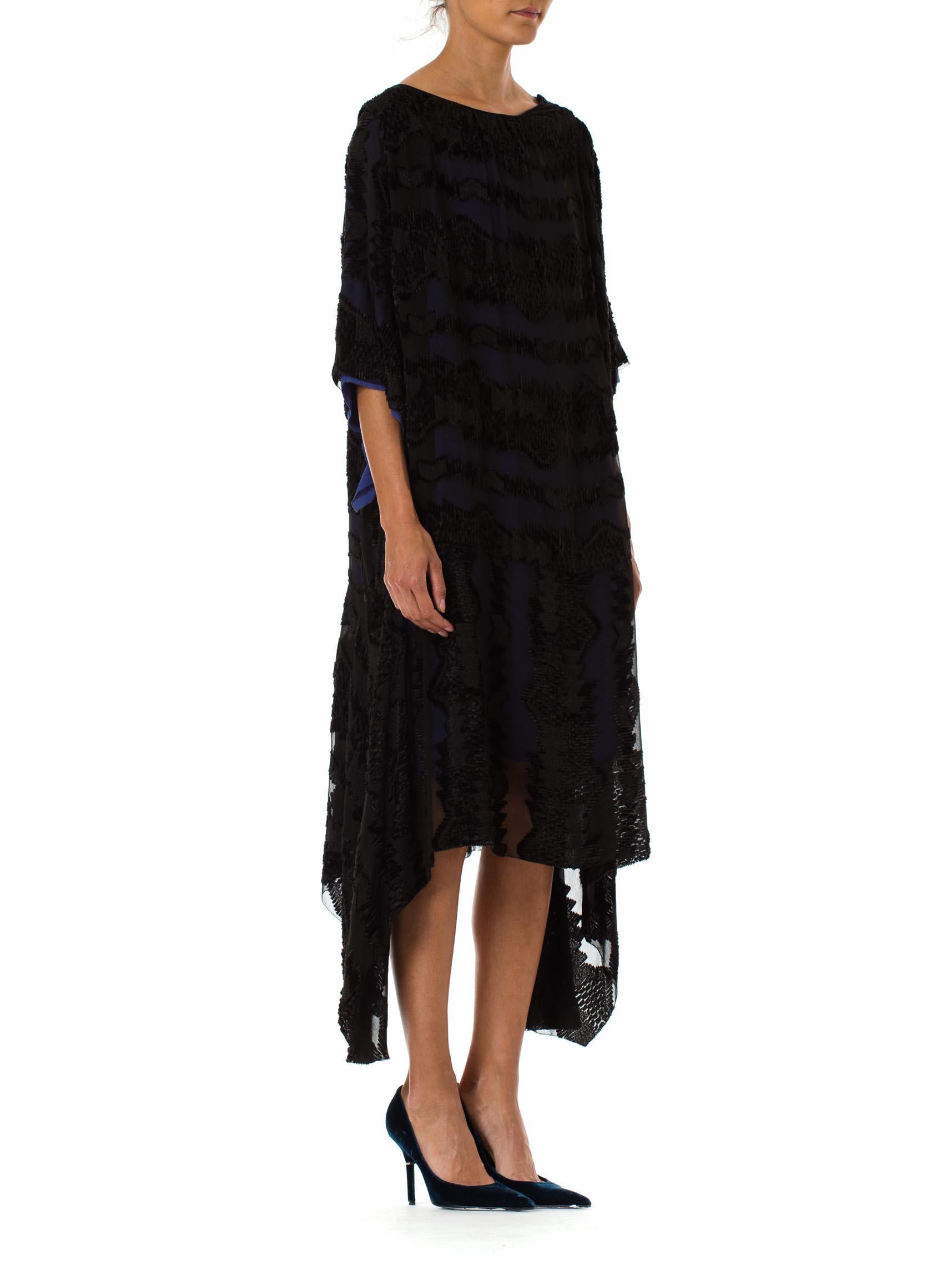 1920S  Black Silk Burnout Velvet & Chiffon Dress Fully Lined In Blue 1