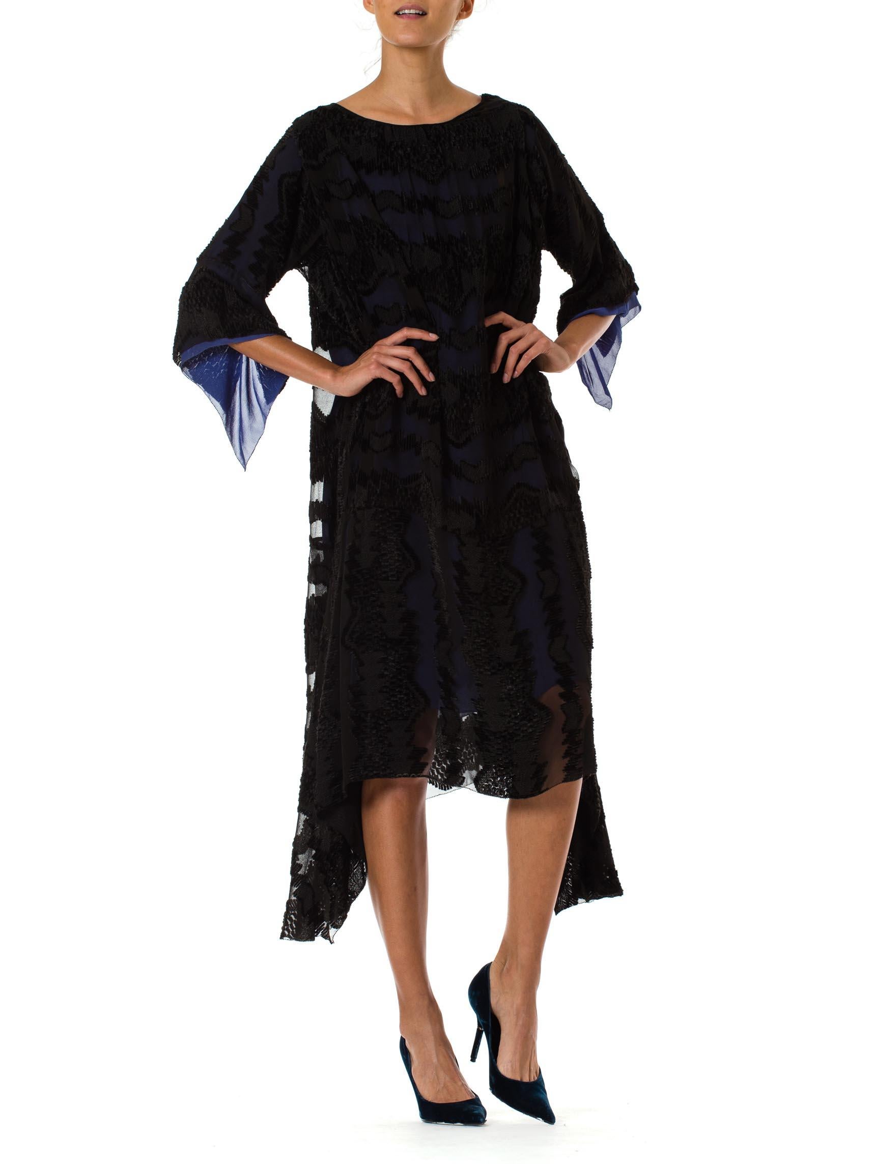 1920S  Black Silk Burnout Velvet & Chiffon Dress Fully Lined In Blue 2