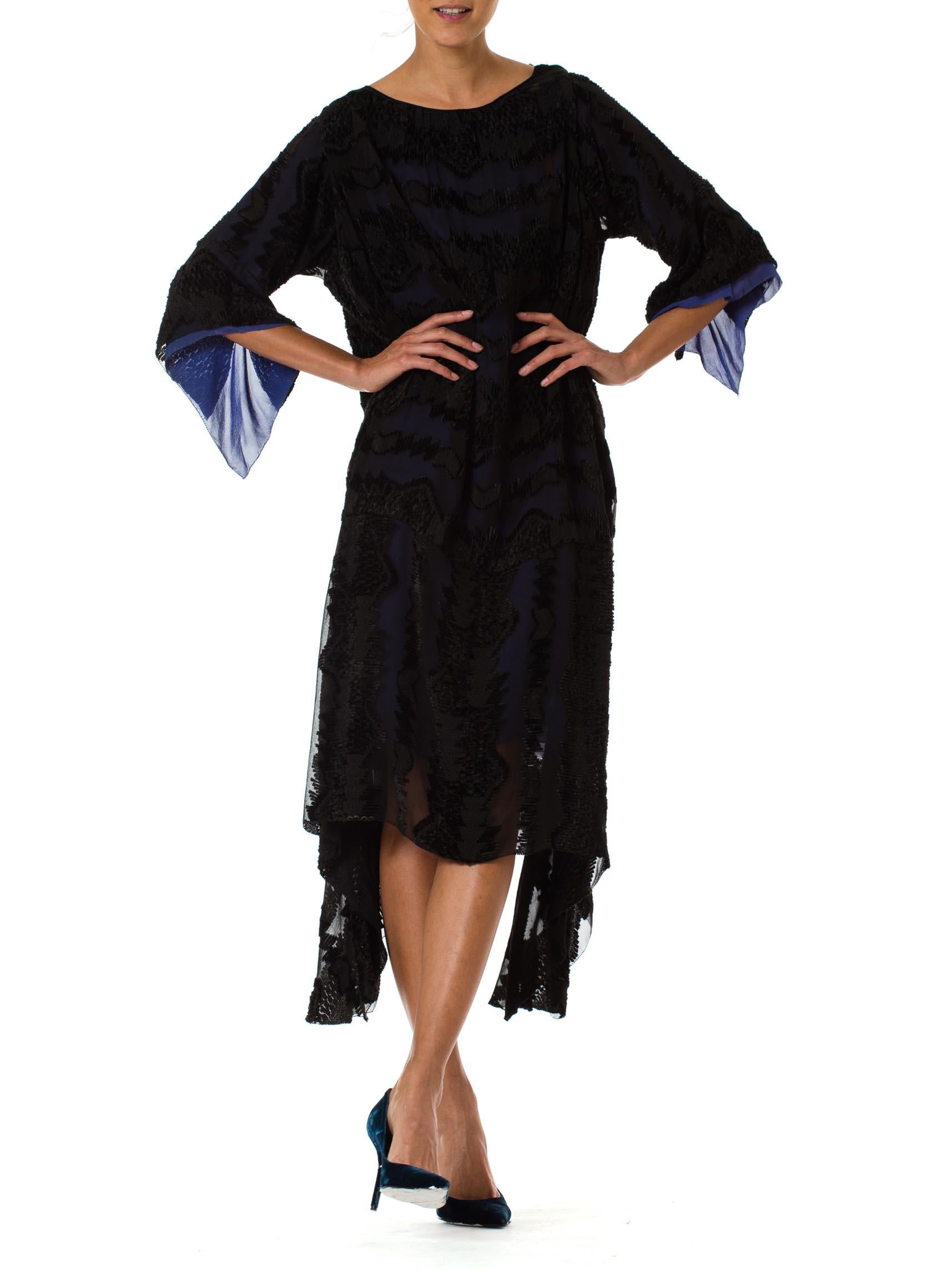 1920S  Black Silk Burnout Velvet & Chiffon Dress Fully Lined In Blue 3