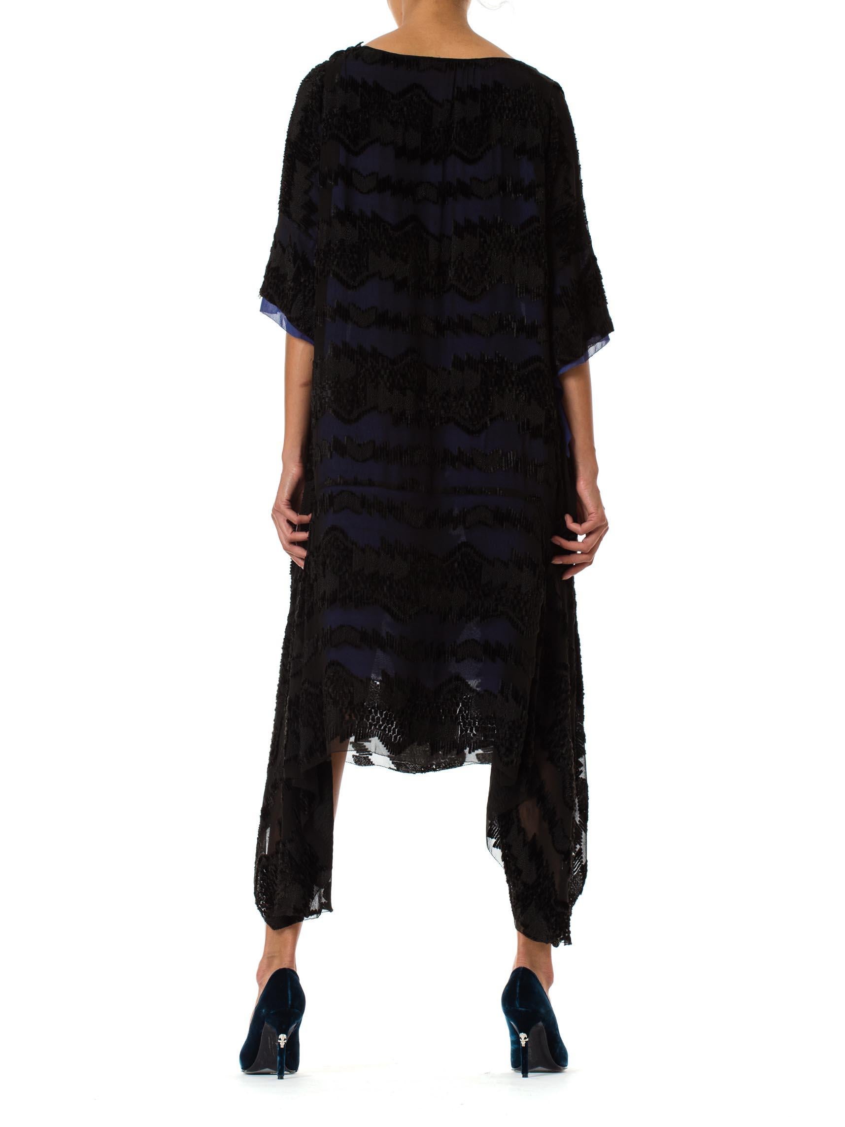1920S  Black Silk Burnout Velvet & Chiffon Dress Fully Lined In Blue 4