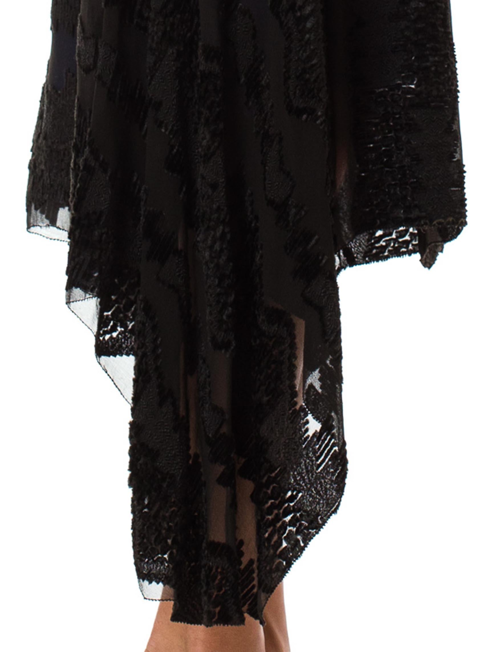 1920S  Black Silk Burnout Velvet & Chiffon Dress Fully Lined In Blue 6