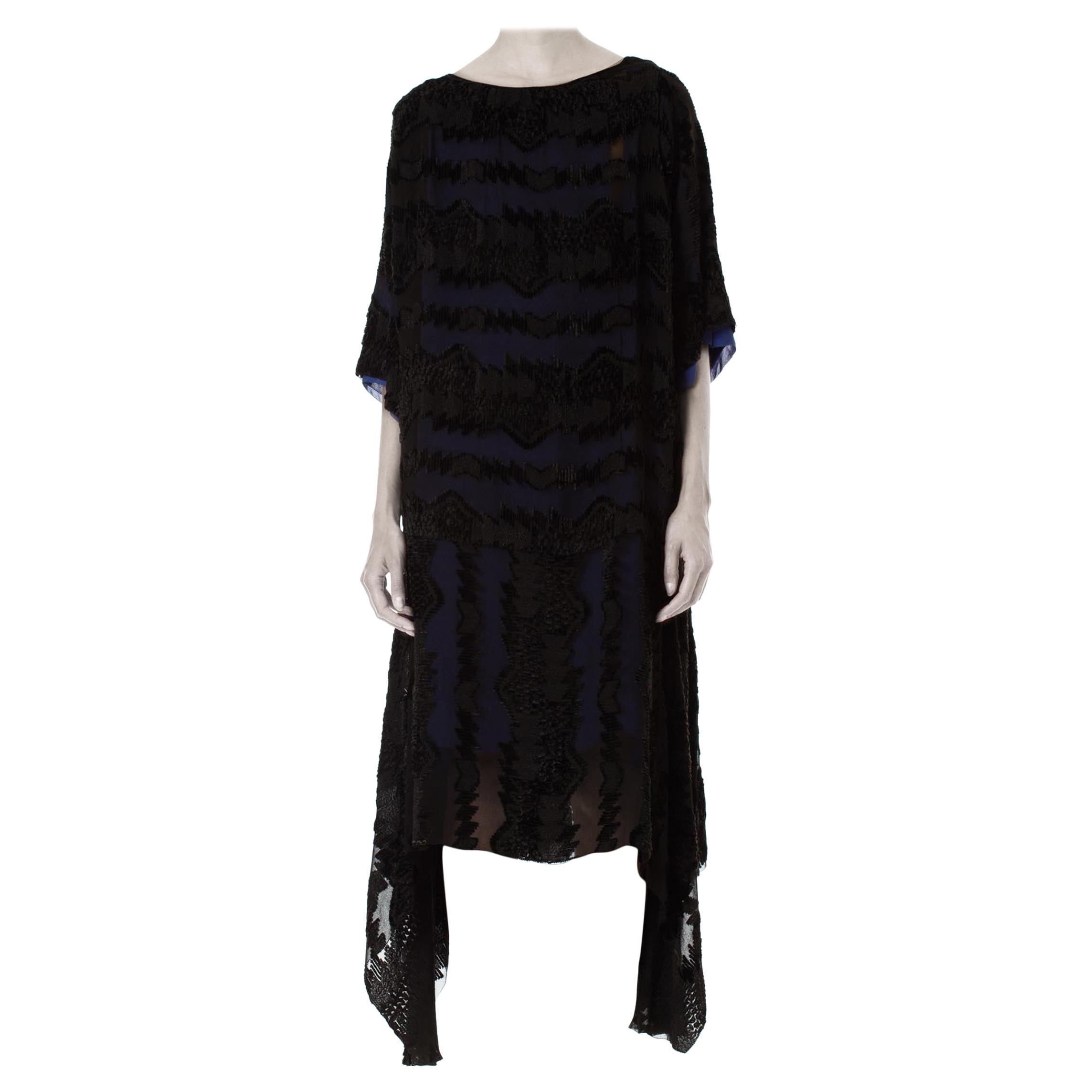 1920S  Black Silk Burnout Velvet & Chiffon Dress Fully Lined In Blue