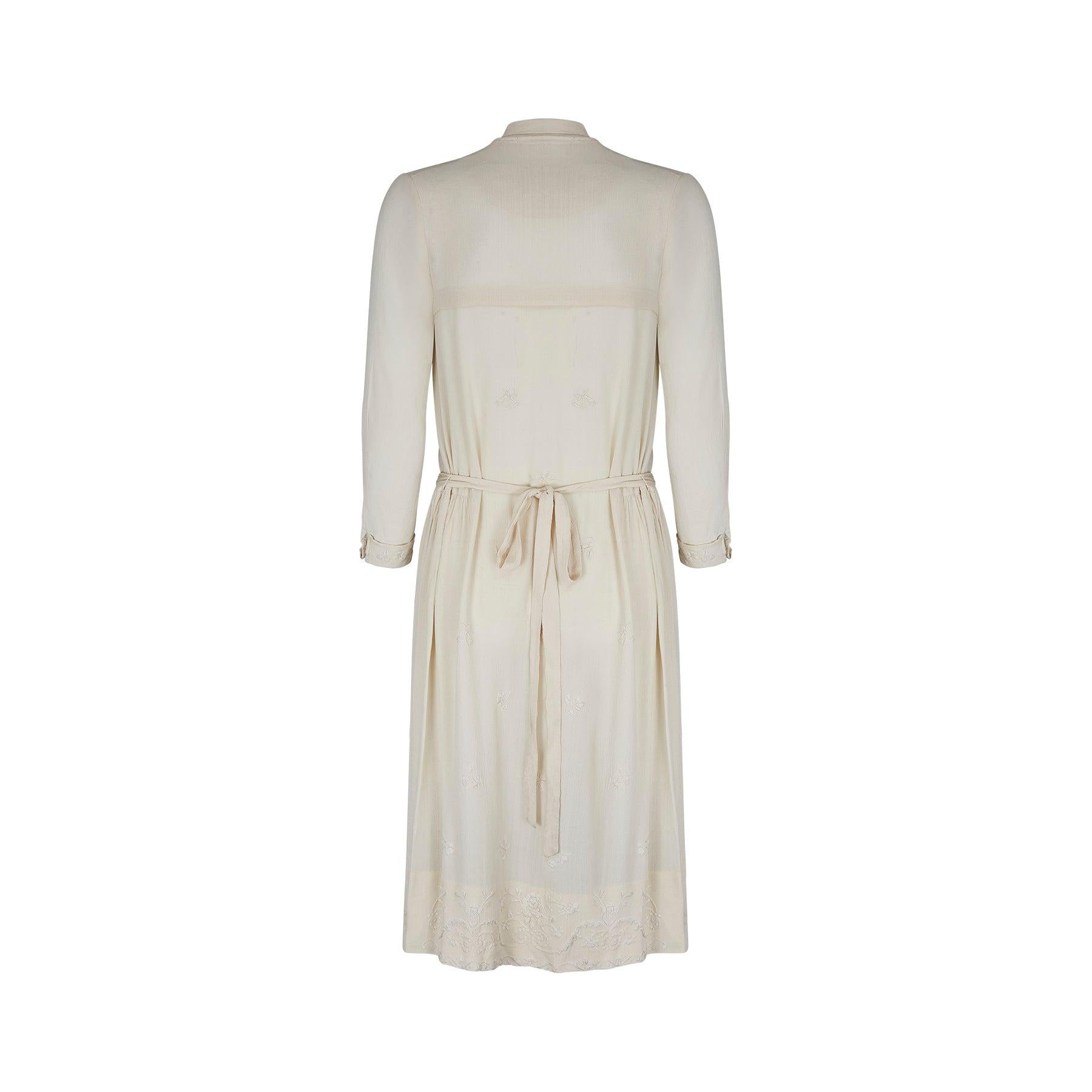 Gray 1920s Silk Cream Floral Embroidered Dress