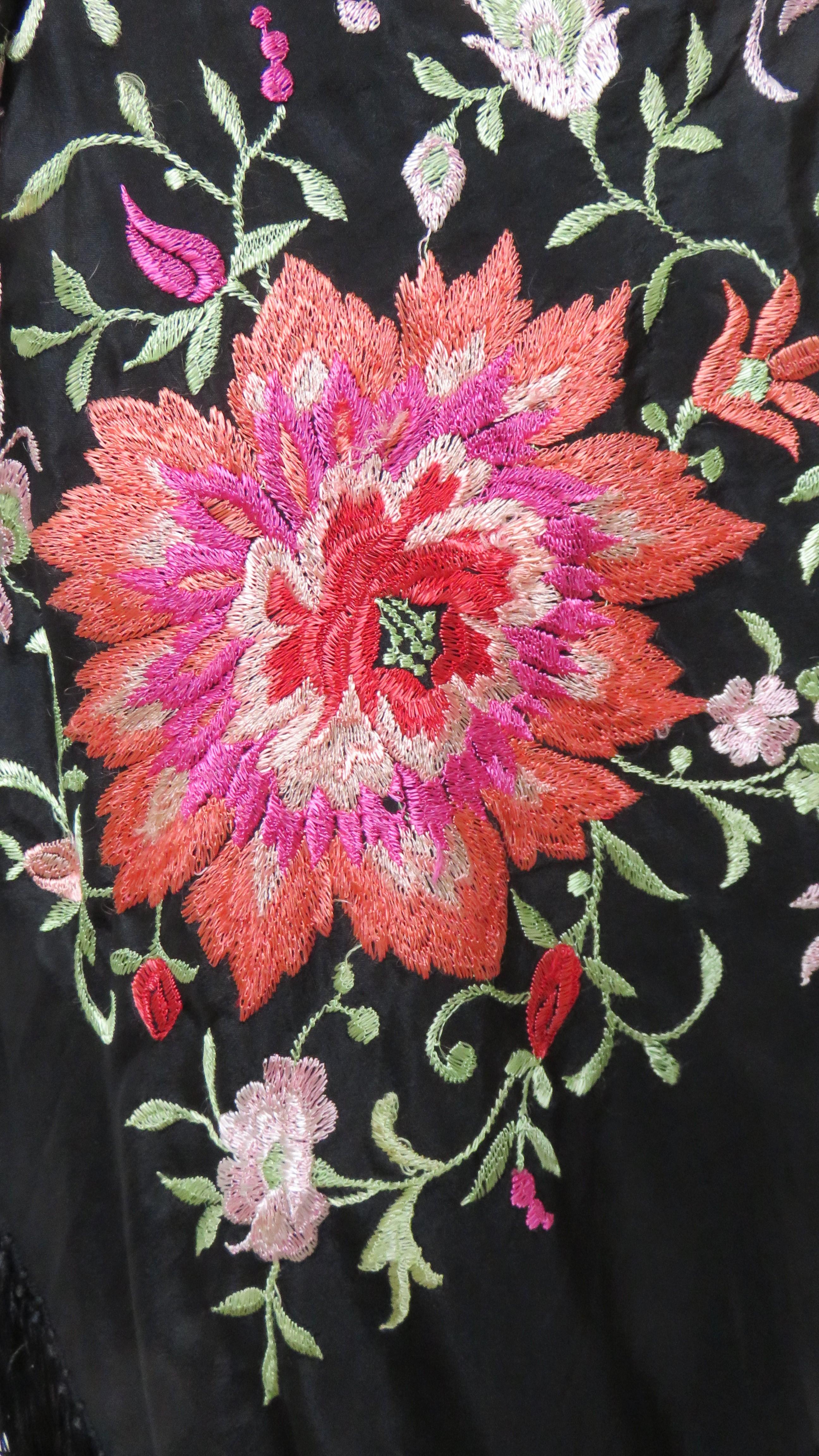 Black 1920s Silk Flower Embroidered Piano Shawl For Sale