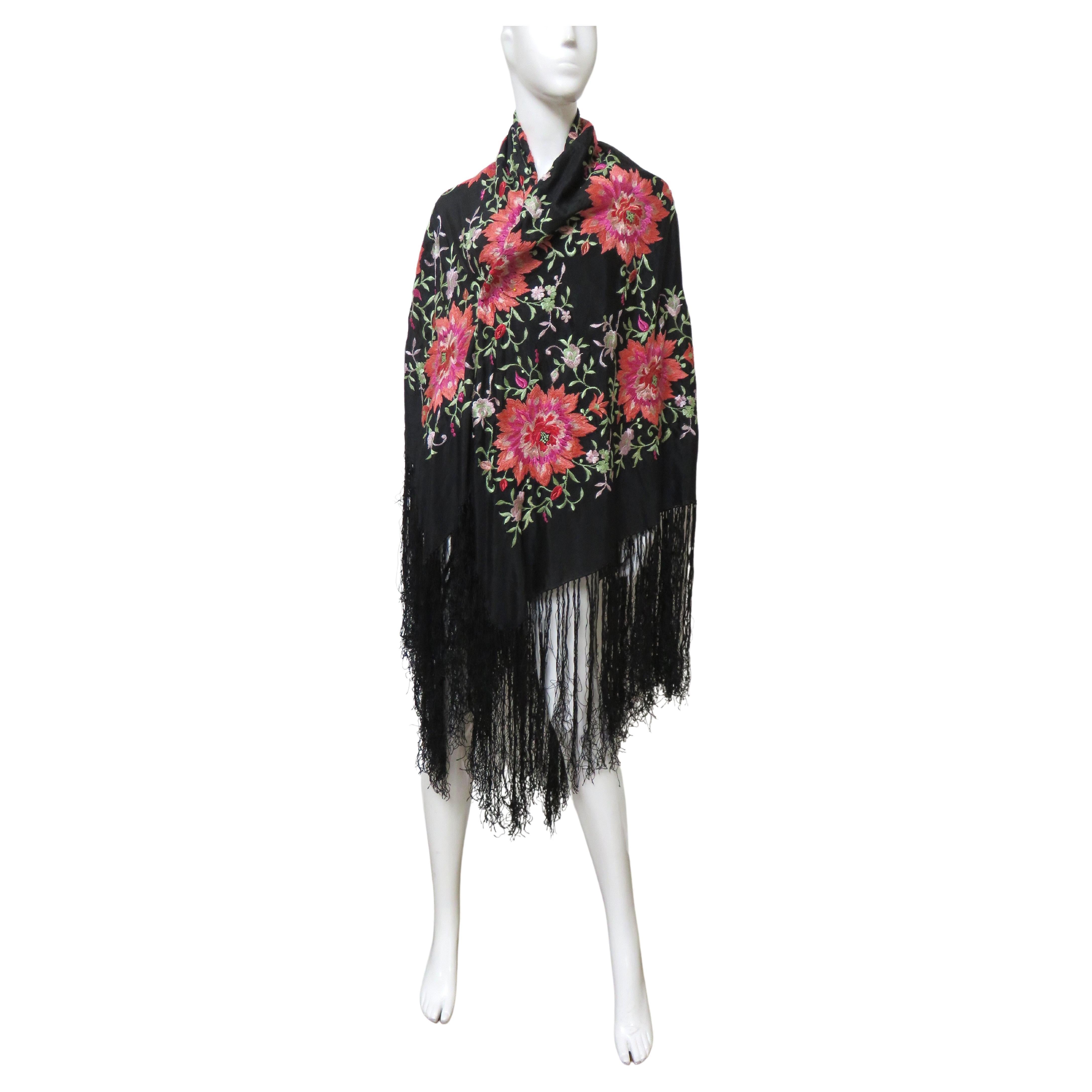 1920s Silk Embroidered Piano Shawl For Sale