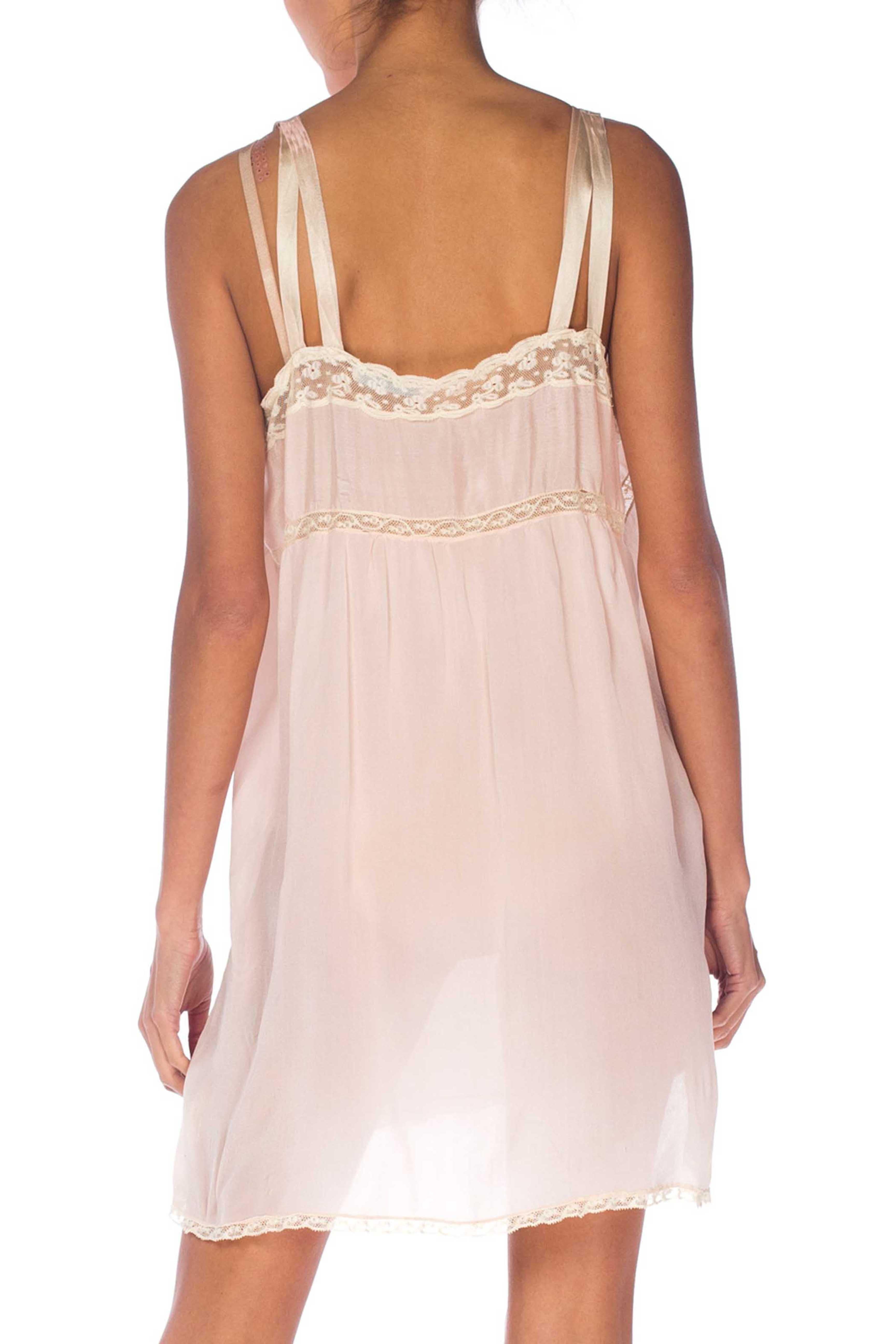 Beige 1920S Blush Pink Silk & Lace Negligee Slip Dress With Ribbon Roses