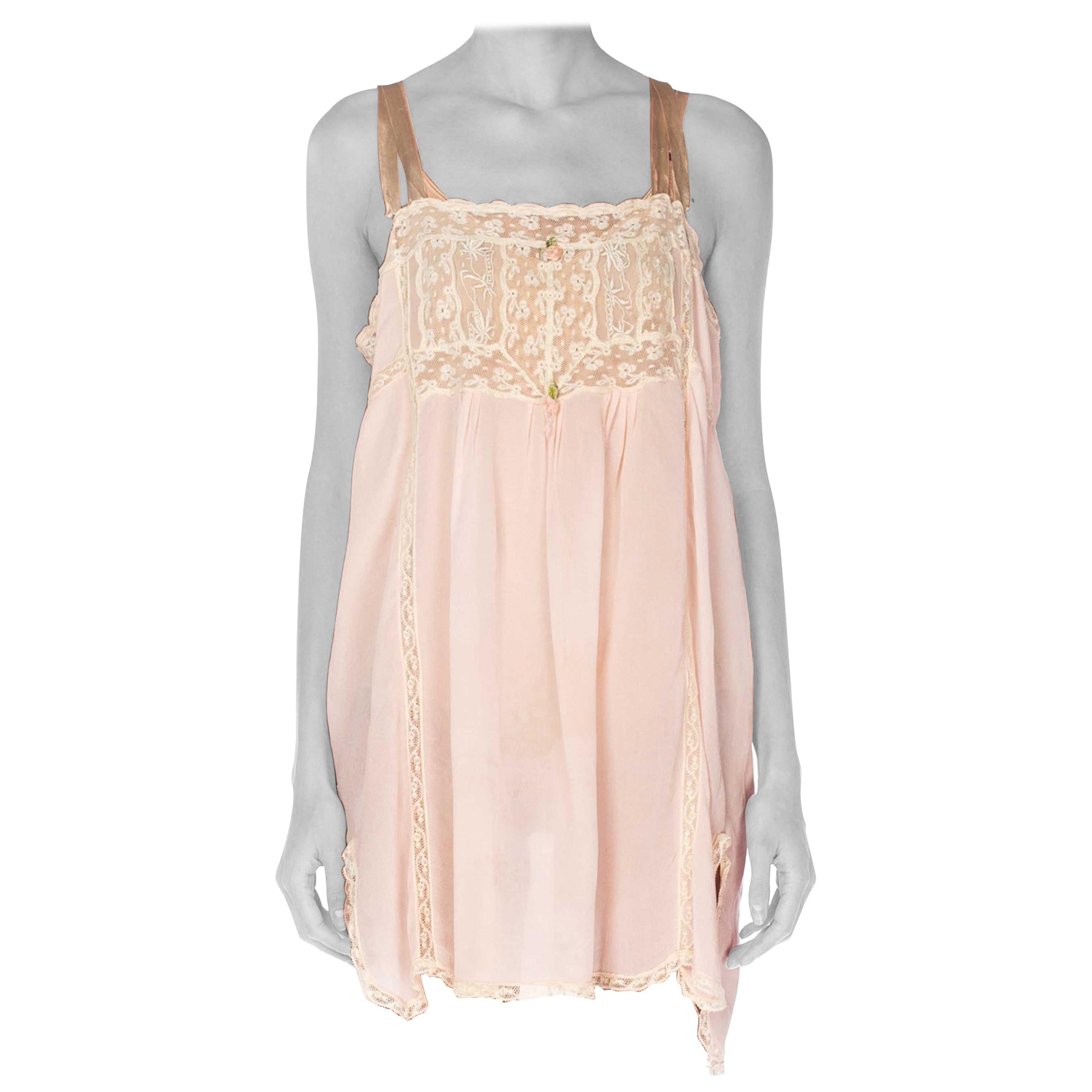 1920S Blush Pink Silk & Lace Negligee Slip Dress With Ribbon Roses