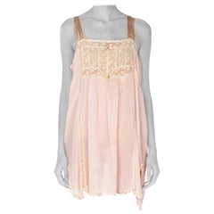 Antique 1920S Blush Pink Silk & Lace Negligee Slip Dress With Ribbon Roses