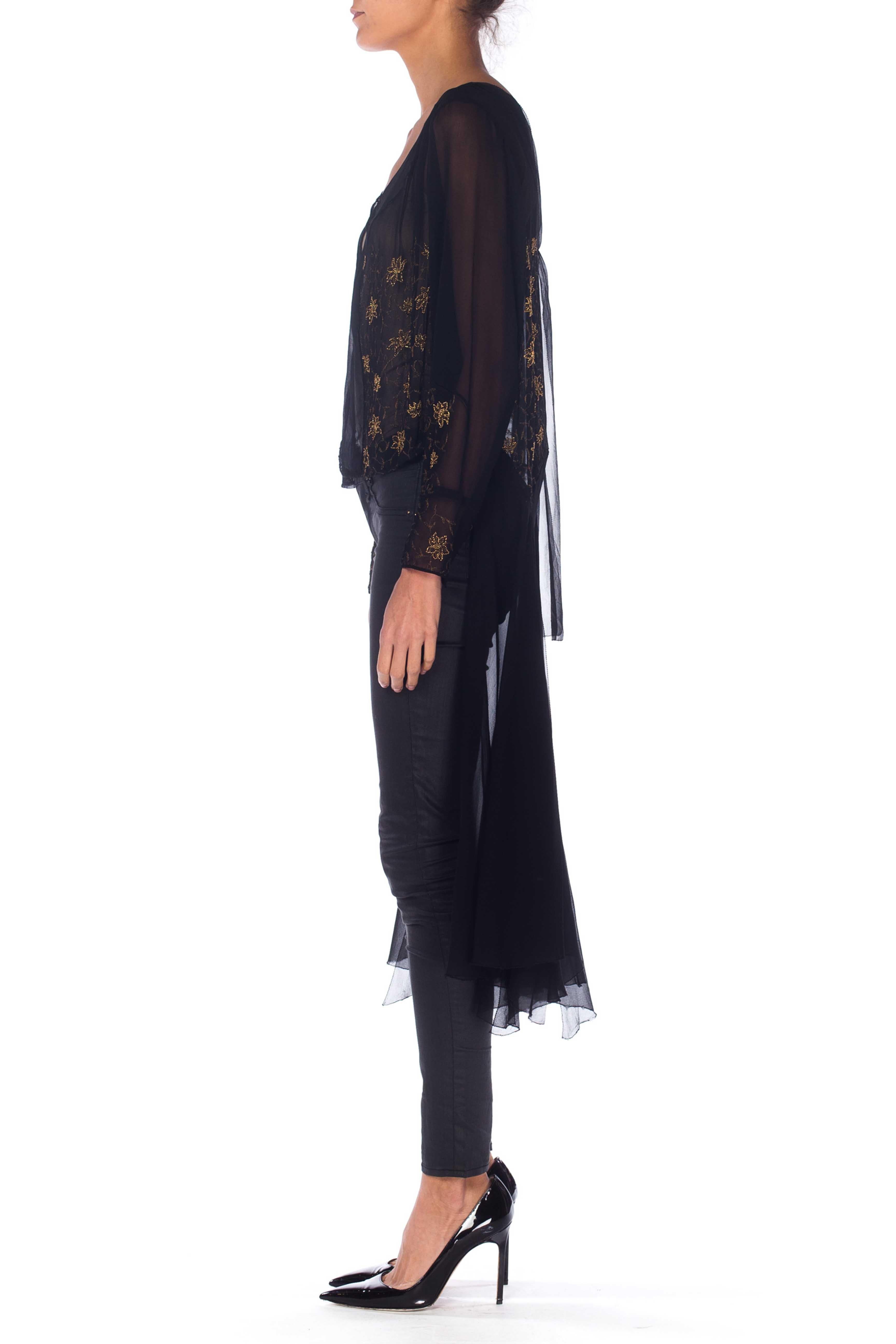 Women's 1920S Black Silk Chiffon Over Dress With Gold Embroidery & Beading For Sale