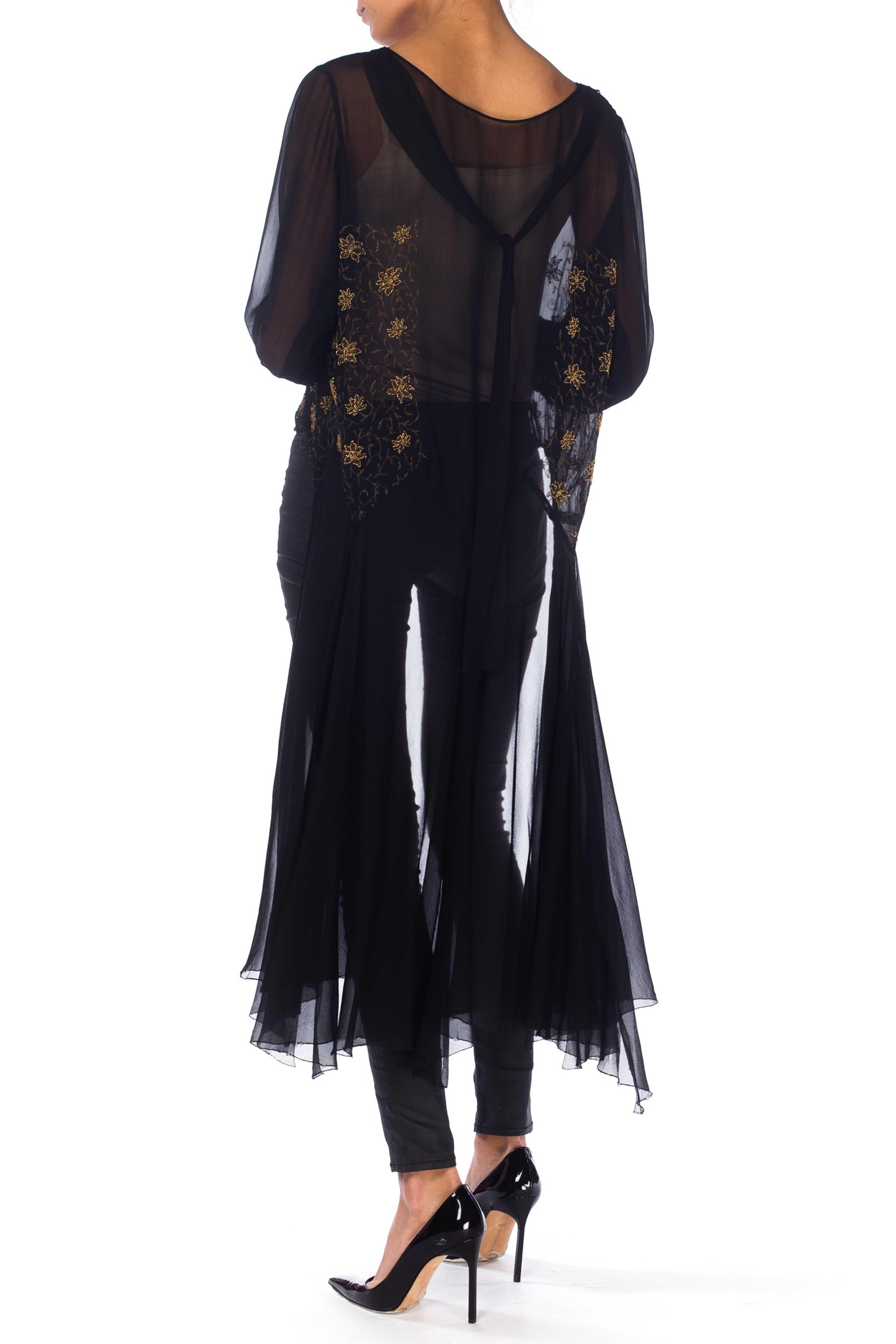 1920S Black Silk Chiffon Over Dress With Gold Embroidery & Beading For Sale 3