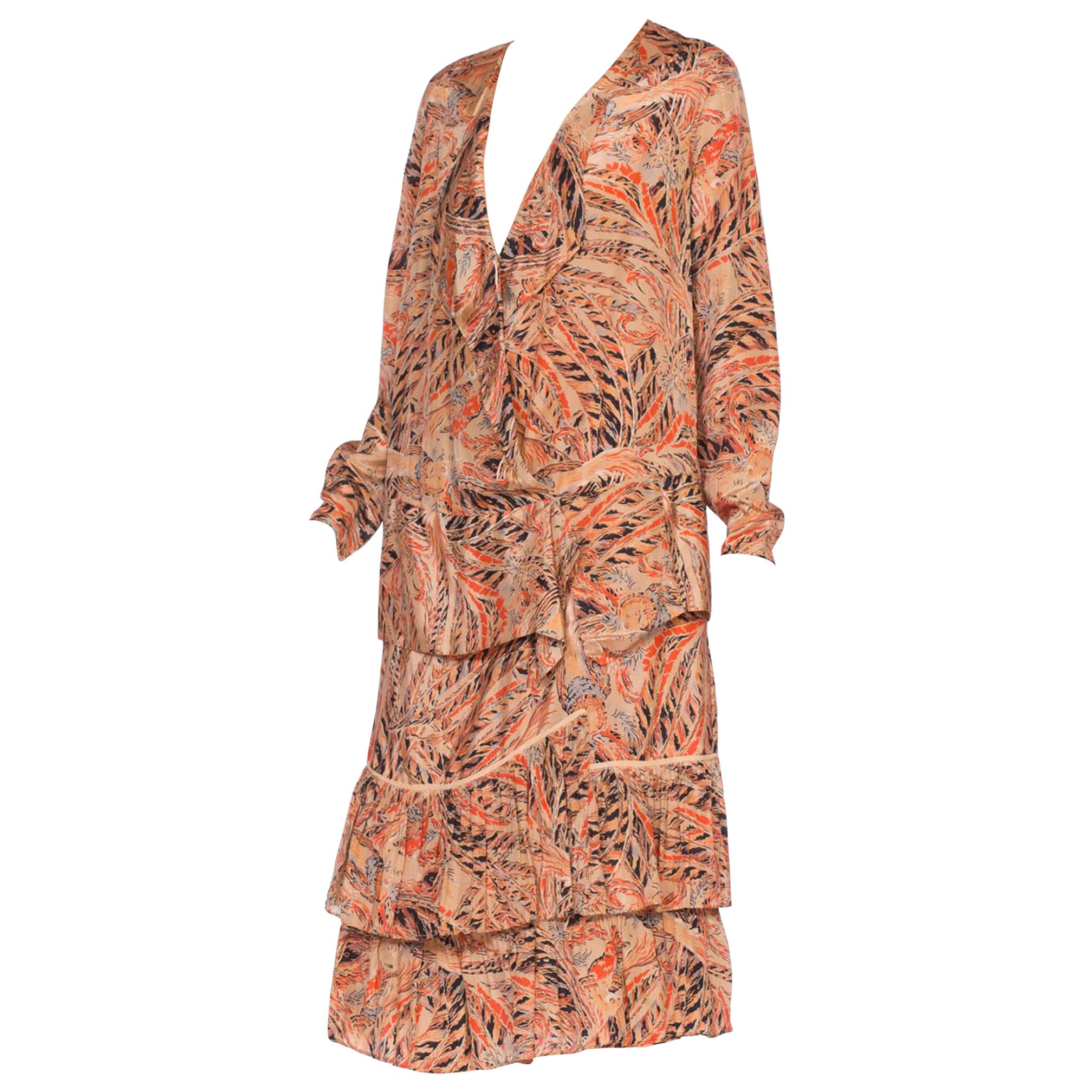 1920
s Silk Ruffled Dress With Rare Pheasant Bird Feather Print