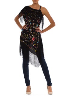 Black Rayon Hand Embroidered Asymmetrical Piano Shawl Top With Fringe