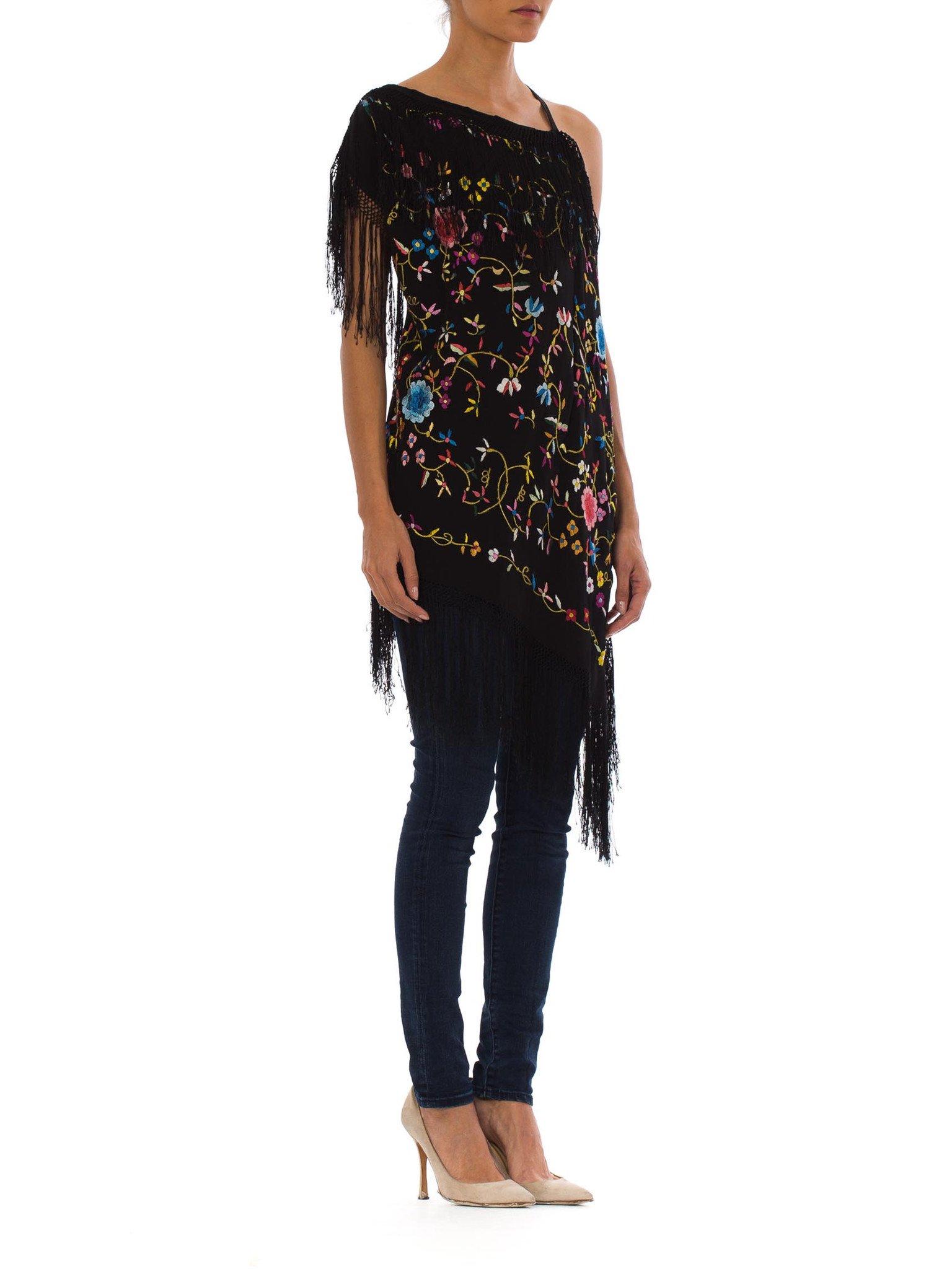 Black Rayon Hand Embroidered Asymmetrical Piano Shawl Top With Fringe In Excellent Condition For Sale In New York, NY
