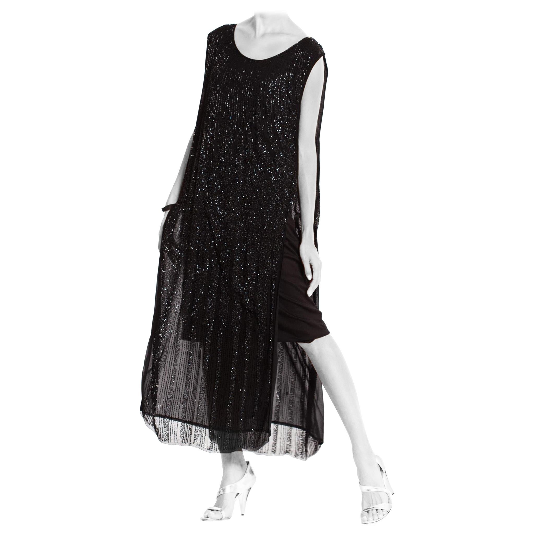 1920'S  Black Silk Fully Beaded Tabard Dress For Sale