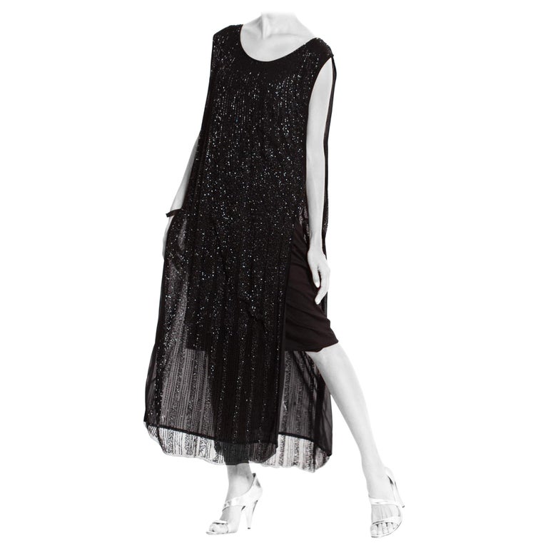 1920s black dress Black 1920s satin evening dress with handkerchief skirt main image 1