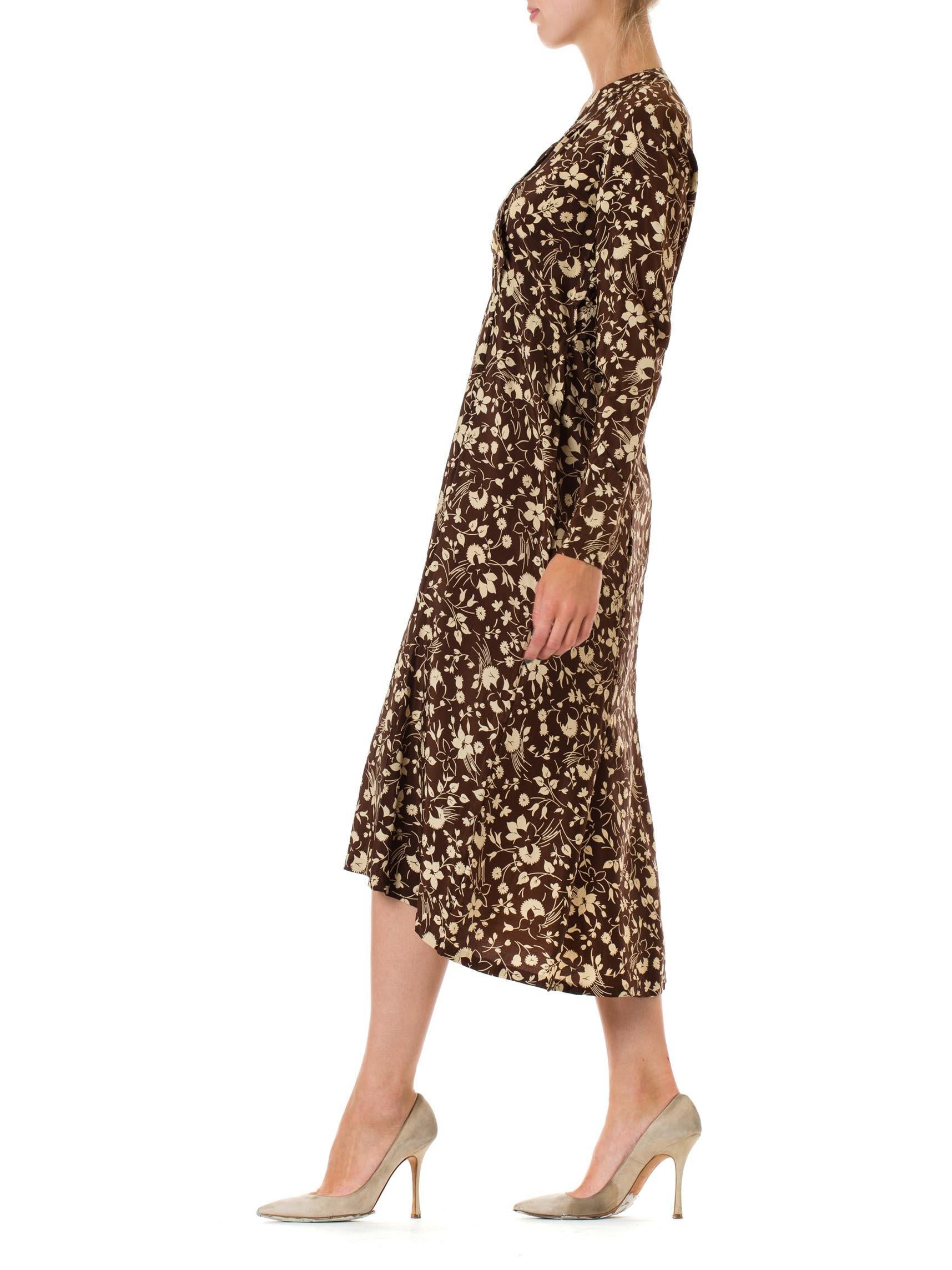 1920S Brown & Ivory Silk Crepe De Chine Two-Tone Floral Printed Long Sleeve Dress