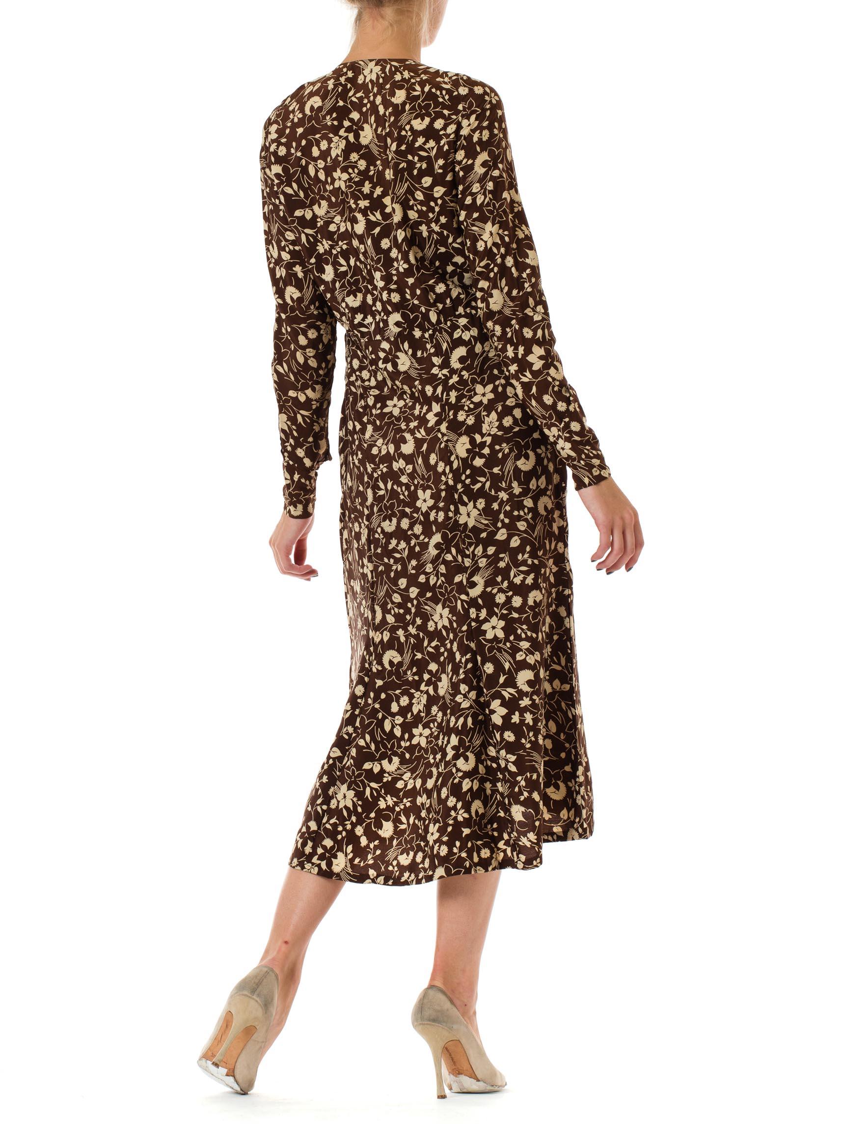 Women's 1920S Brown & Ivory Silk Crepe De Chine Two-Tone Floral Printed Long Sleeve Dre