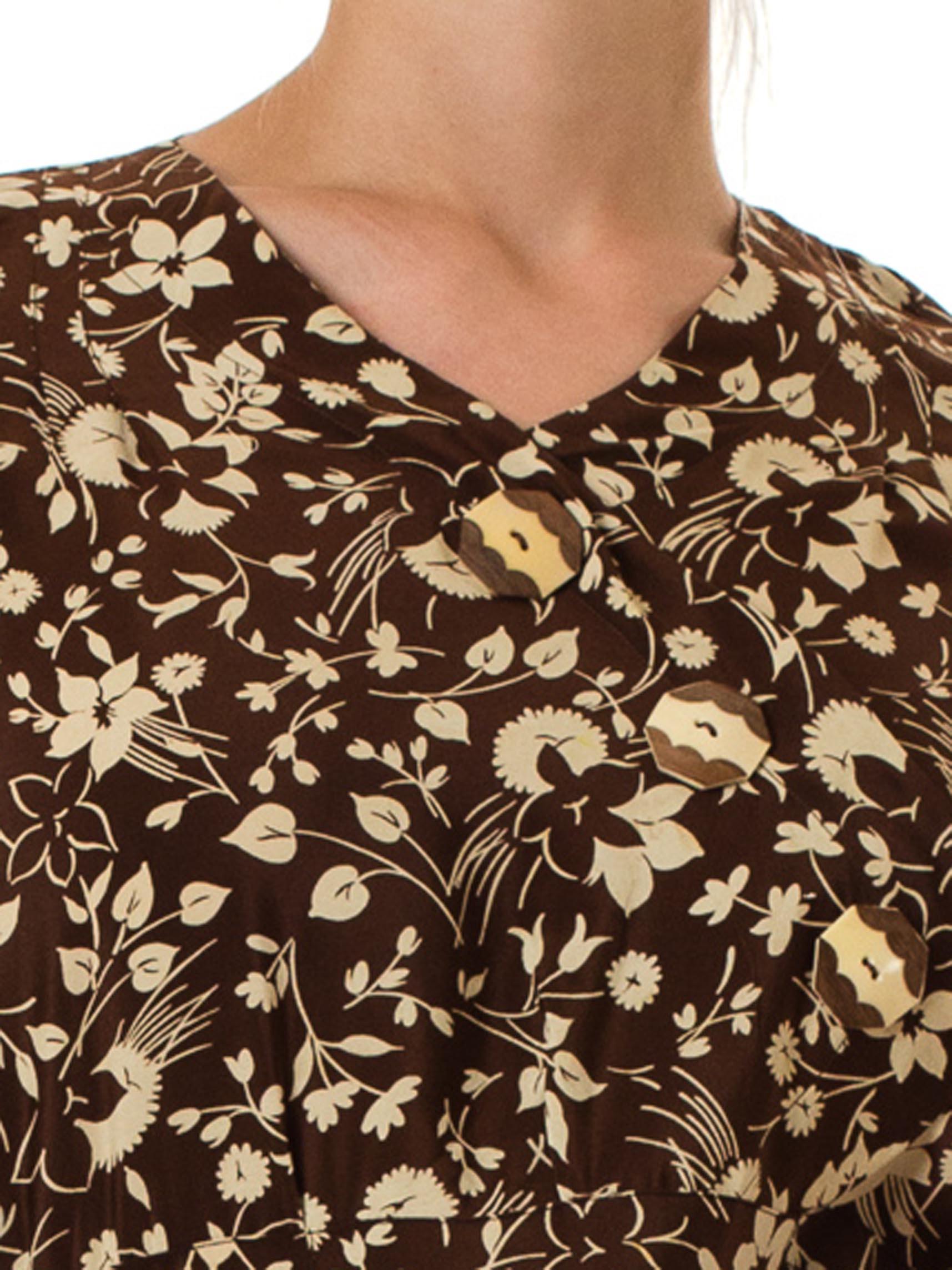1920S Brown & Ivory Silk Crepe De Chine Two-Tone Floral Printed Long Sleeve Dre 1