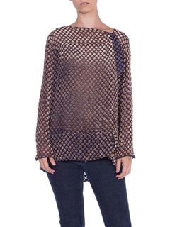 1920'S Blue & Brown Silk Burnout Velvet  Polka Dot Blouse