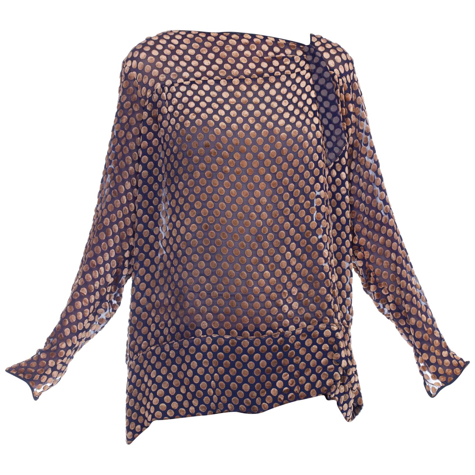 1920'S Blue & Brown Silk Burnout Velvet  Polka Dot Blouse