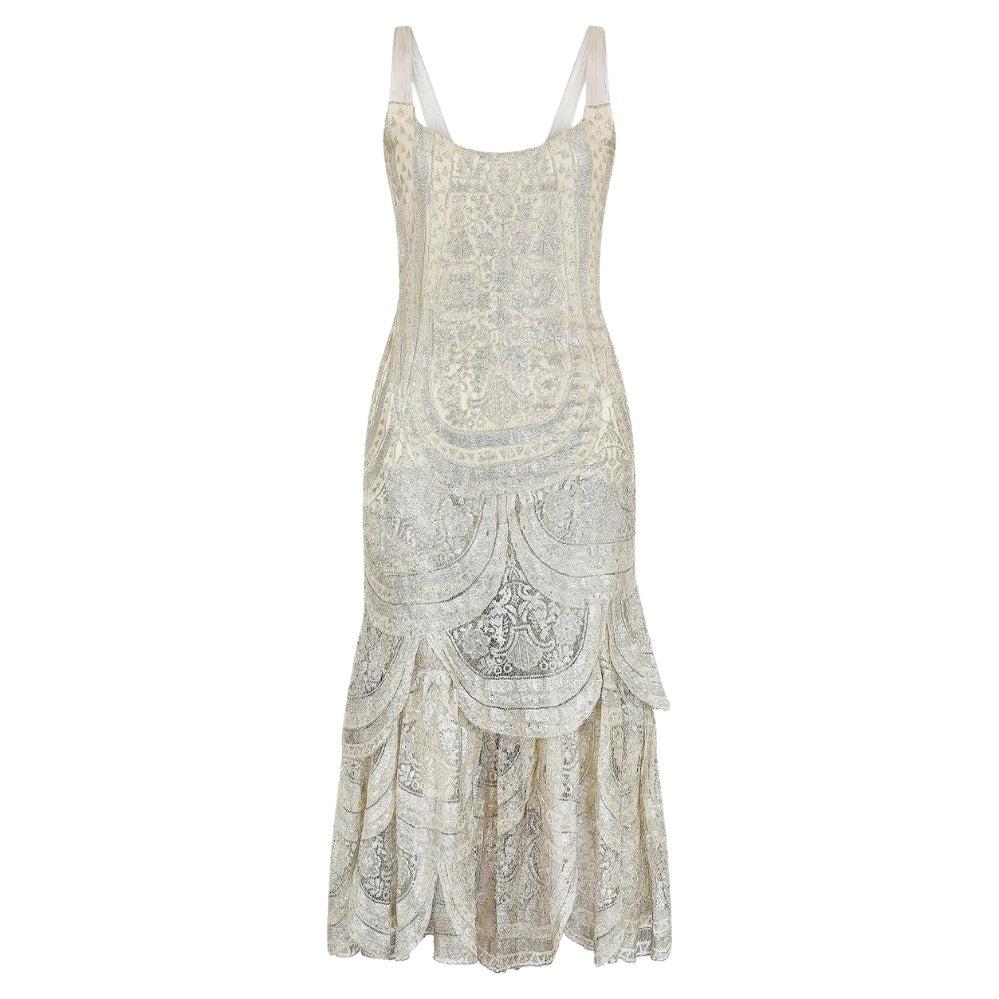 1920s Silver Cobweb Lame Flapper Culottes Dress
