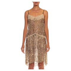 1920S Silver 
Gold Beaded Silk Chiffon Dress