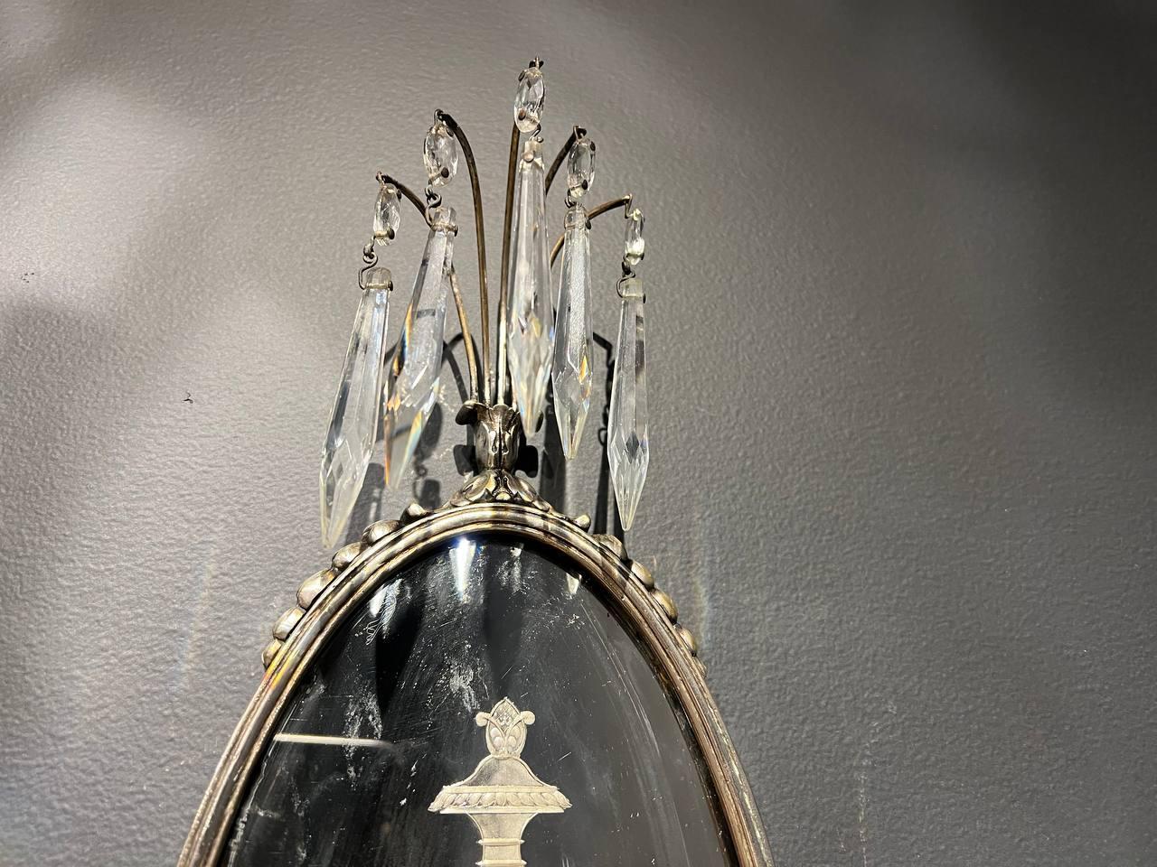Neoclassical 1920s Silver Plate Sconces With Etched Mirror For Sale