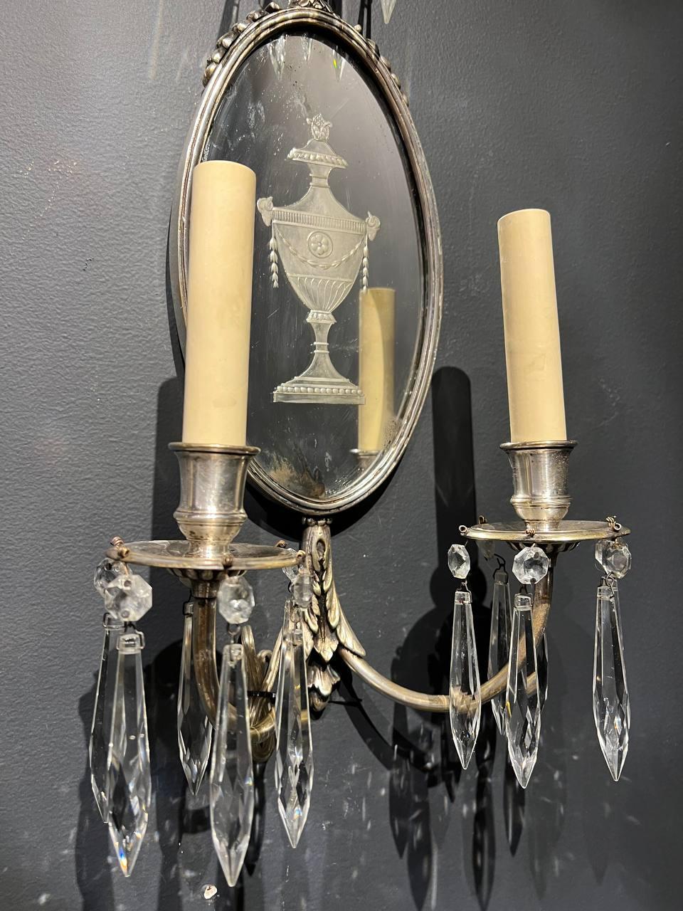 1920s Silver Plate Sconces With Etched Mirror In Good Condition For Sale In New York, NY