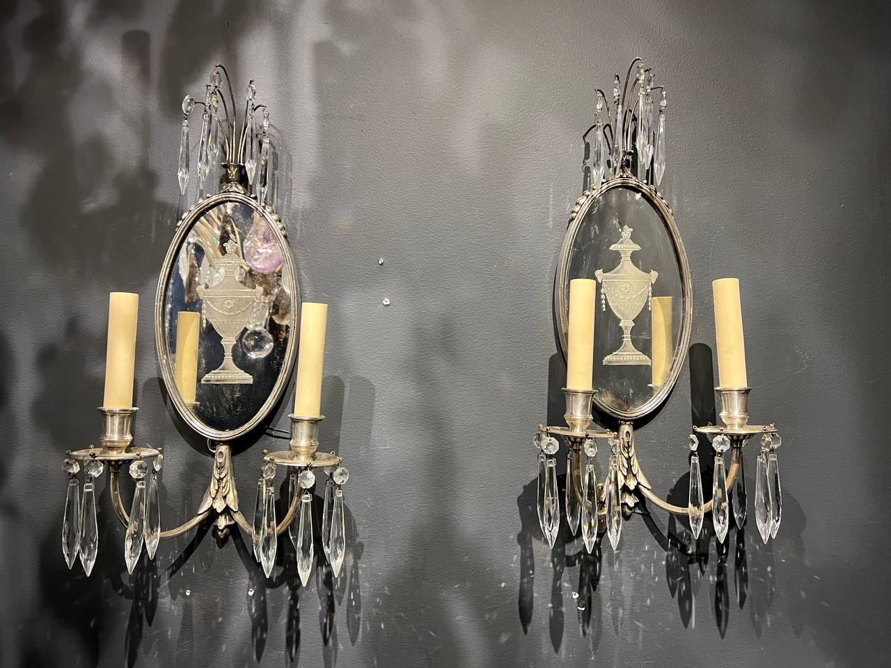 Early 20th Century 1920s Silver Plate Sconces With Etched Mirror For Sale