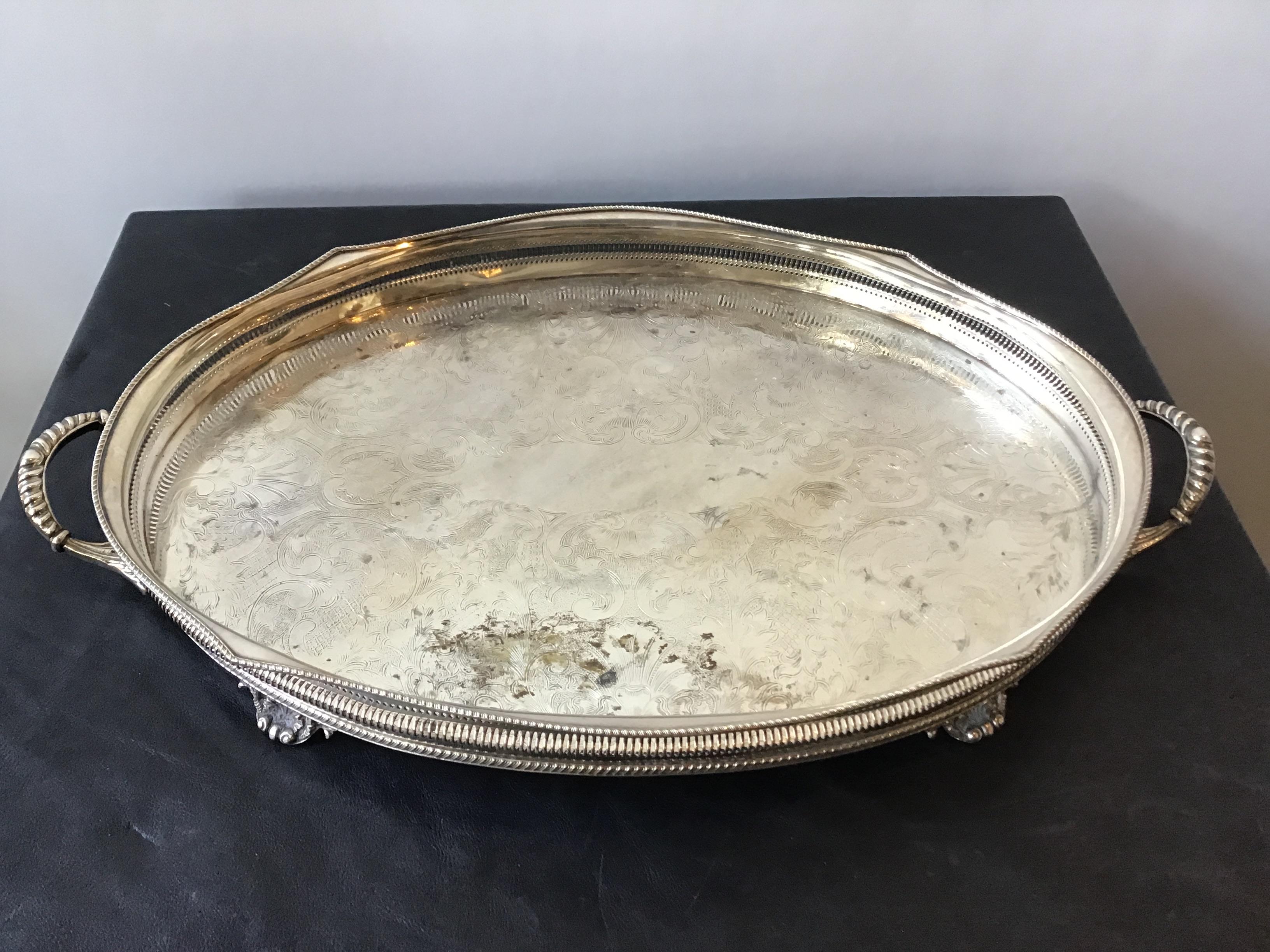 1920s silver plate tray with gallery.