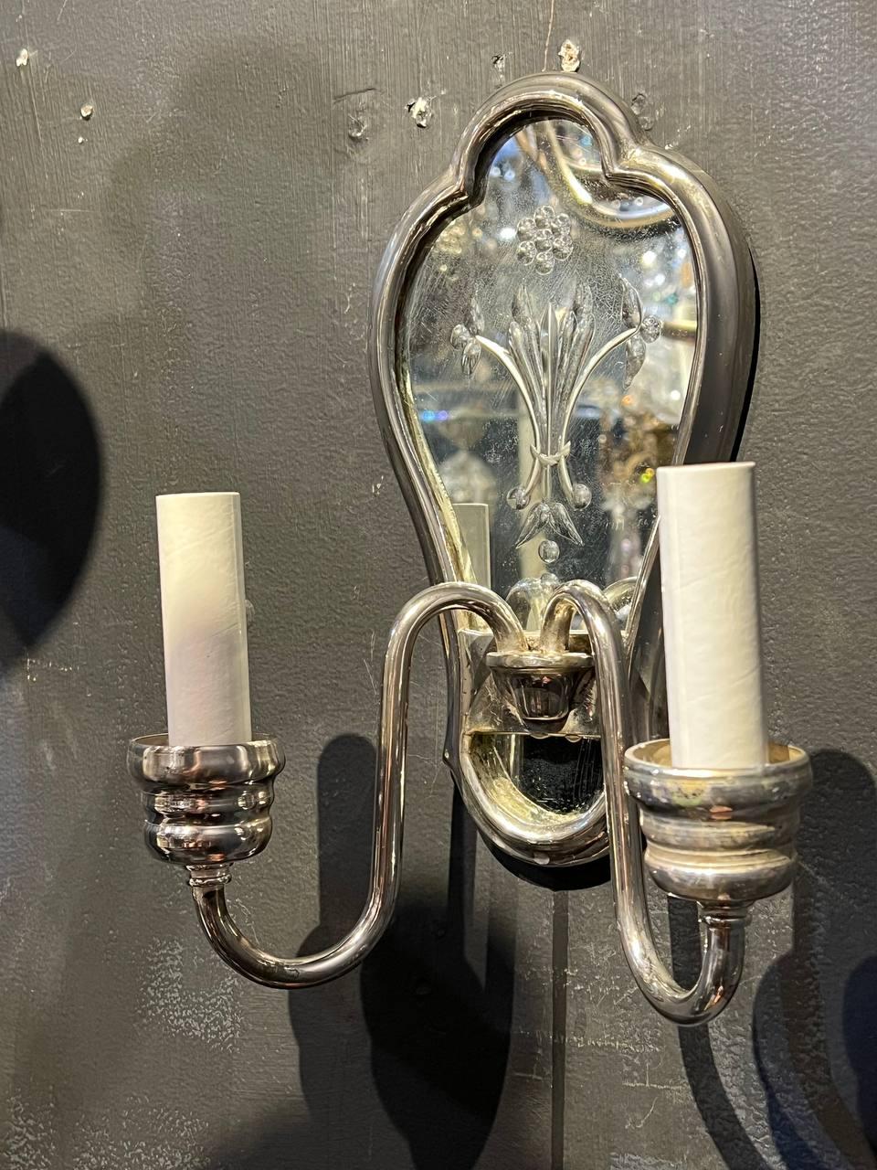 American Classical 1920’s Small Silver Plated and Etched Mirror Sconces  For Sale