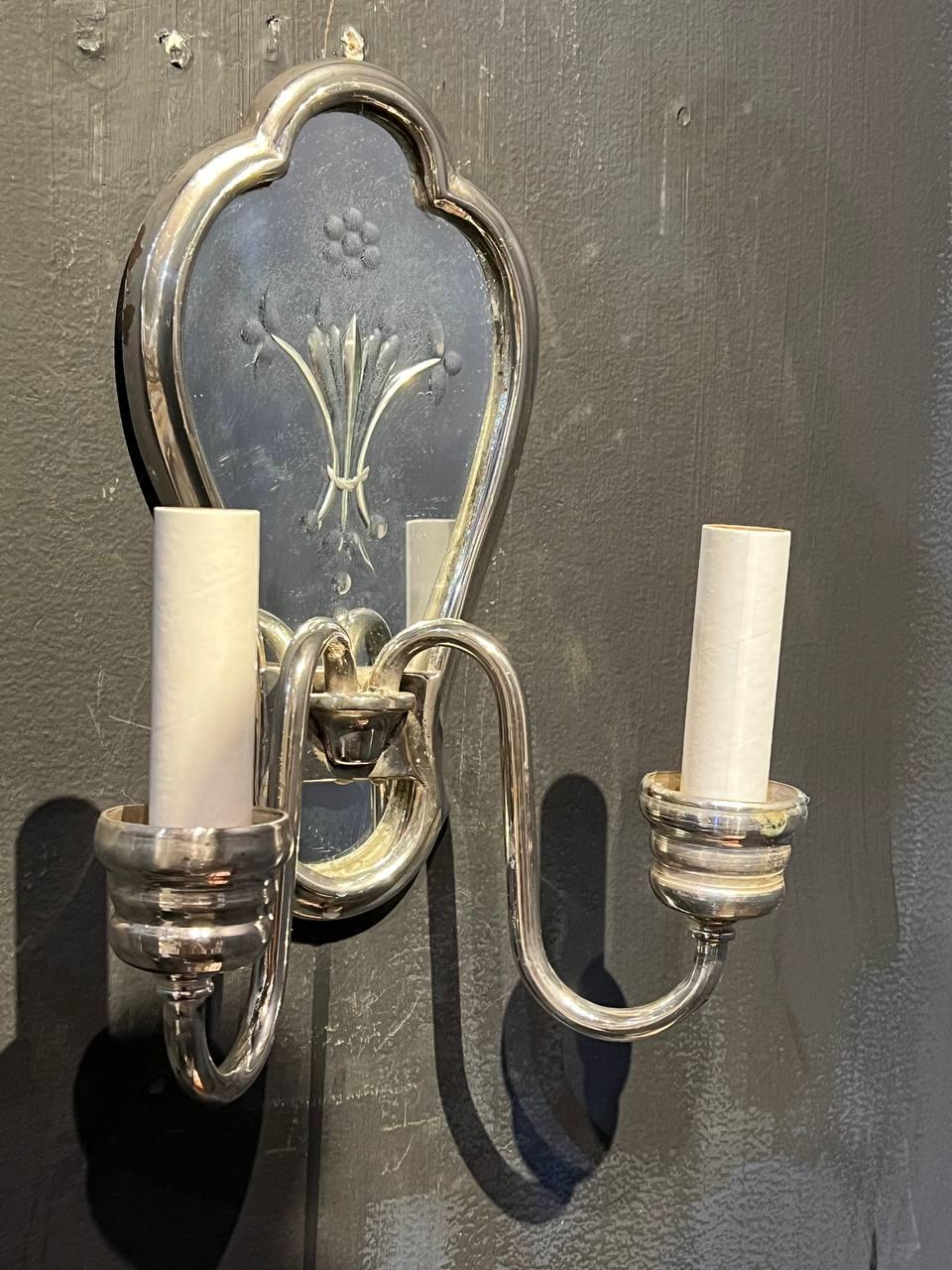 American 1920’s Small Silver Plated and Etched Mirror Sconces  For Sale