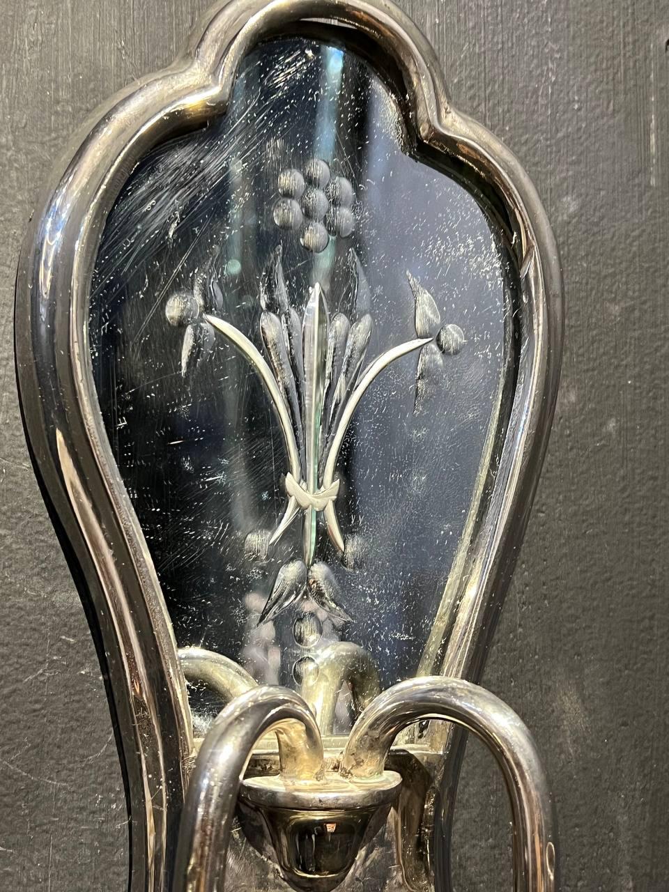 Silvered 1920’s Small Silver Plated and Etched Mirror Sconces  For Sale
